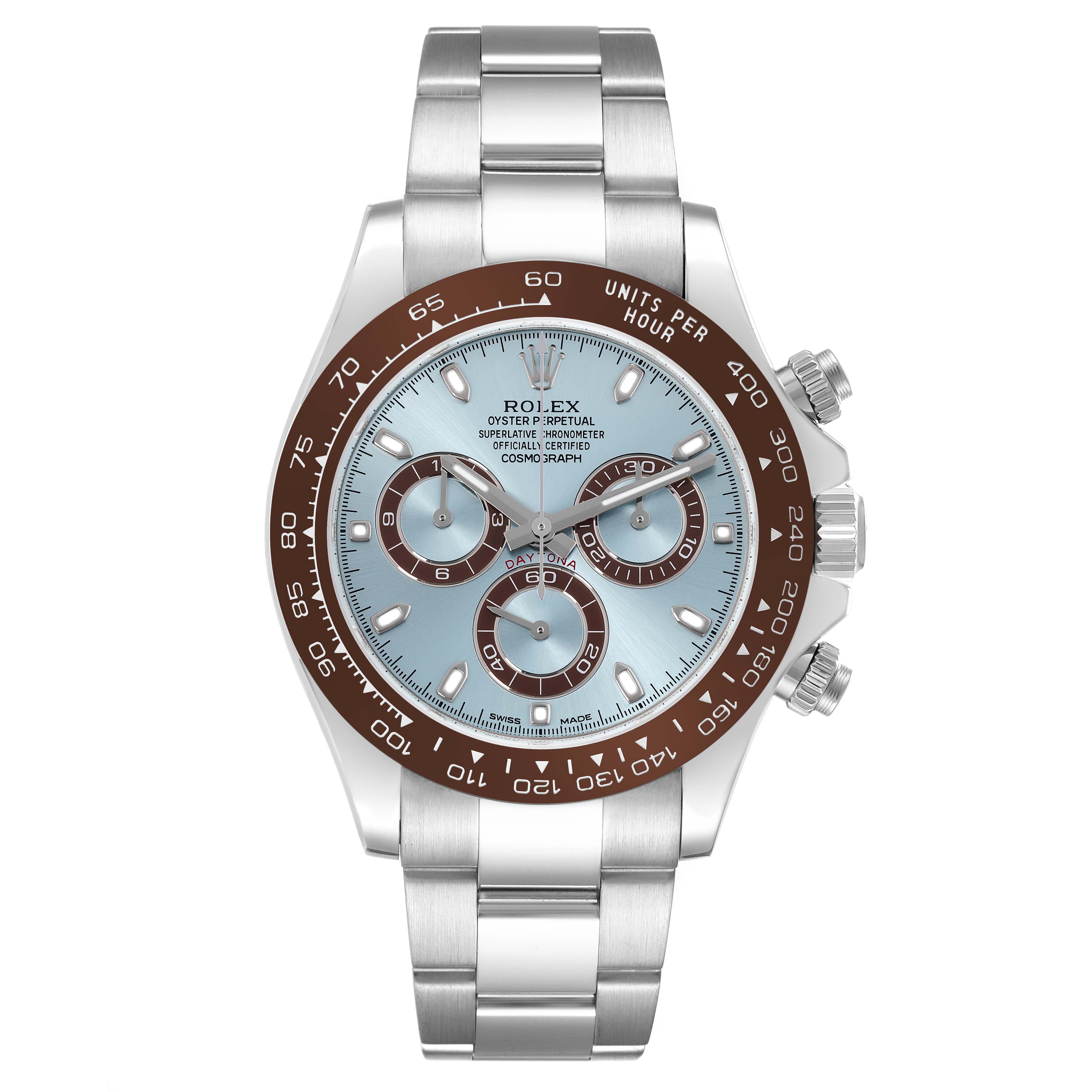 The Rolex Daytona 116506 Men's Platinum Blue Dial 116506 Men's Platinum Blue Dial watch is shown face-on, highlighting its bezel, dial, sub-dials, and bracelet.
