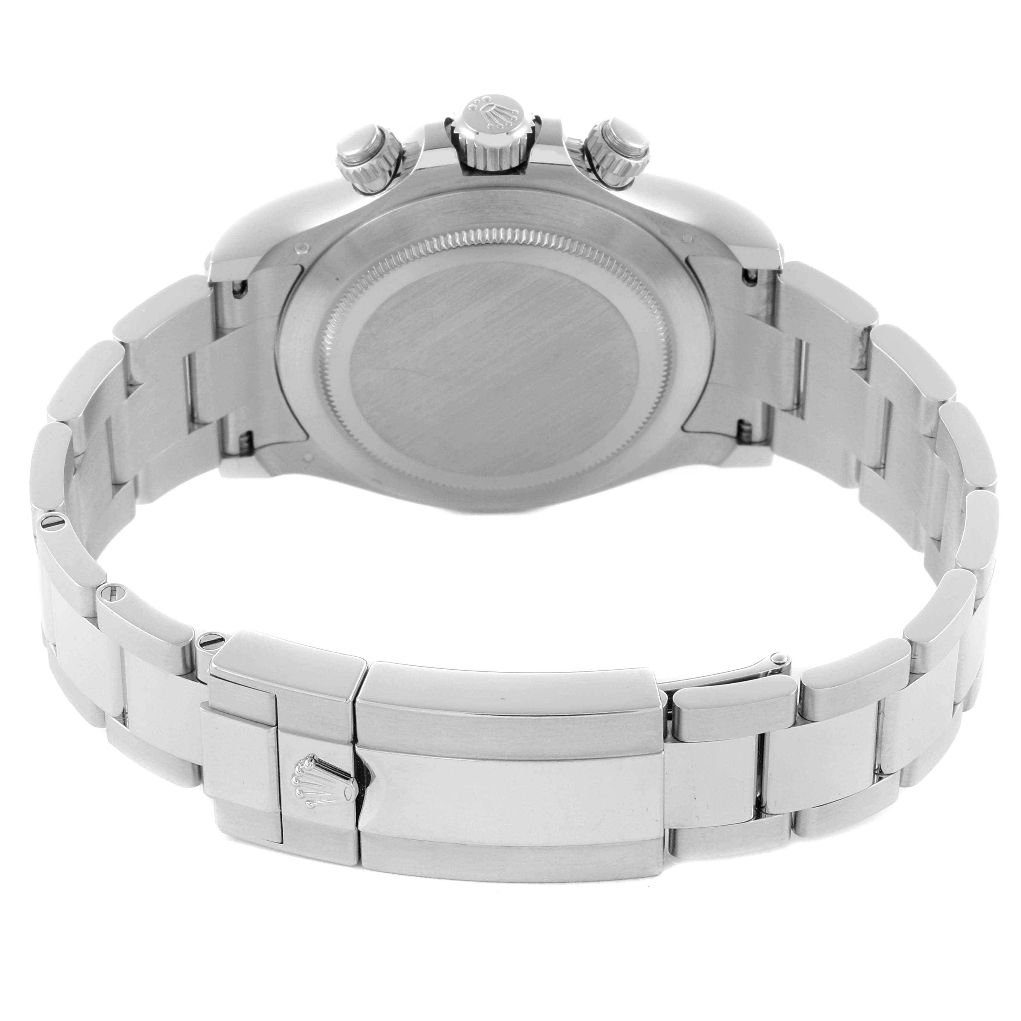 The image shows the back of a Rolex Daytona 116506 Men's Platinum Blue Dial 116506 Men's Platinum Blue Dial watch, highlighting the clasp and bracelet from a rear angle.