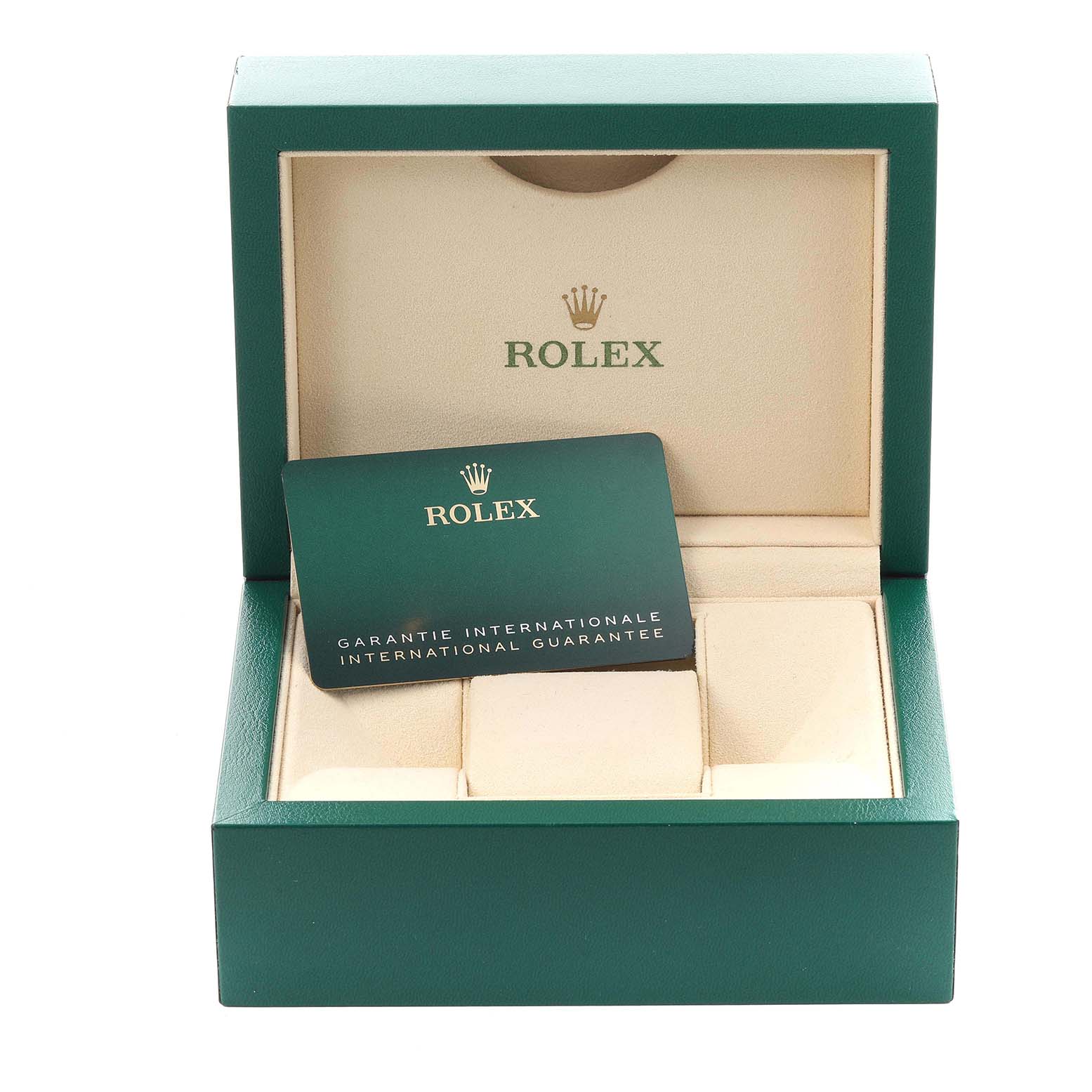The image shows a Rolex Daytona 116506 Men's Platinum Blue Dial 116506 Men's Platinum Blue Dial watch box and warranty card, with the box open, displaying interior padding and branding.