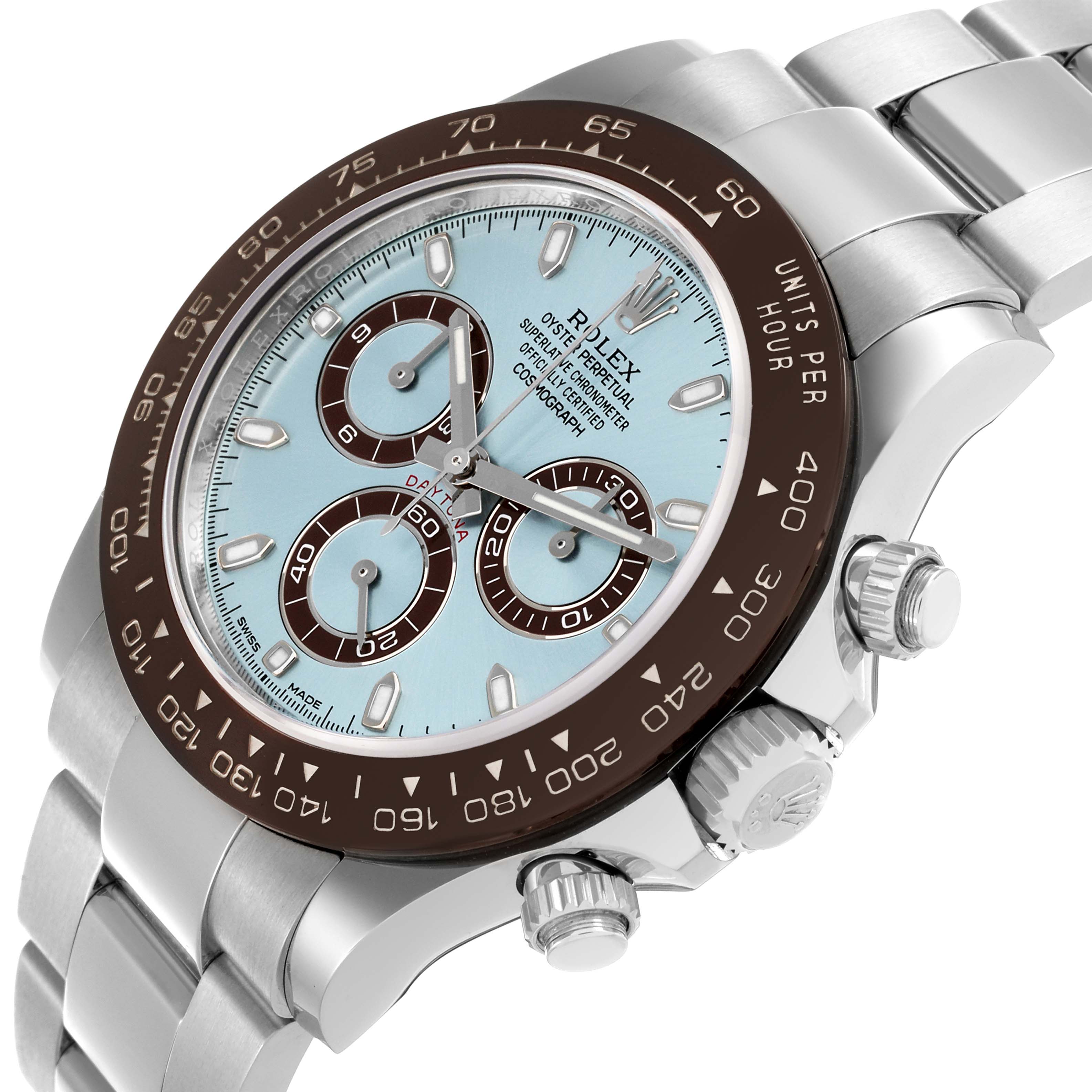 The Rolex Daytona 116506 Men's Platinum Blue Dial 116506 Men's Platinum Blue Dial watch is shown at an angled view, highlighting the bezel, dial, chronograph subdials, and side pushers.