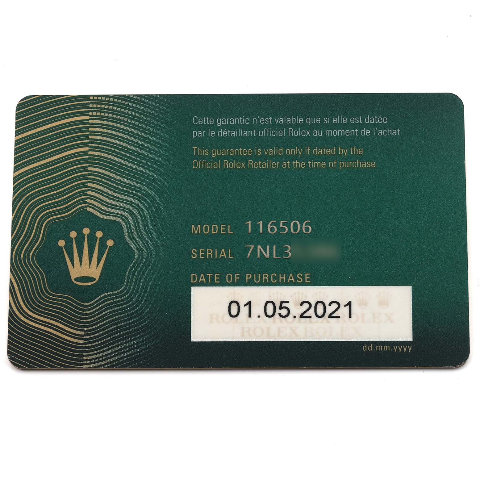 The image shows the warranty card for a Rolex Daytona 116506 Men's Platinum Blue Dial 116506 Men's Platinum Blue Dial model 116506, displaying the serial number and purchase date.