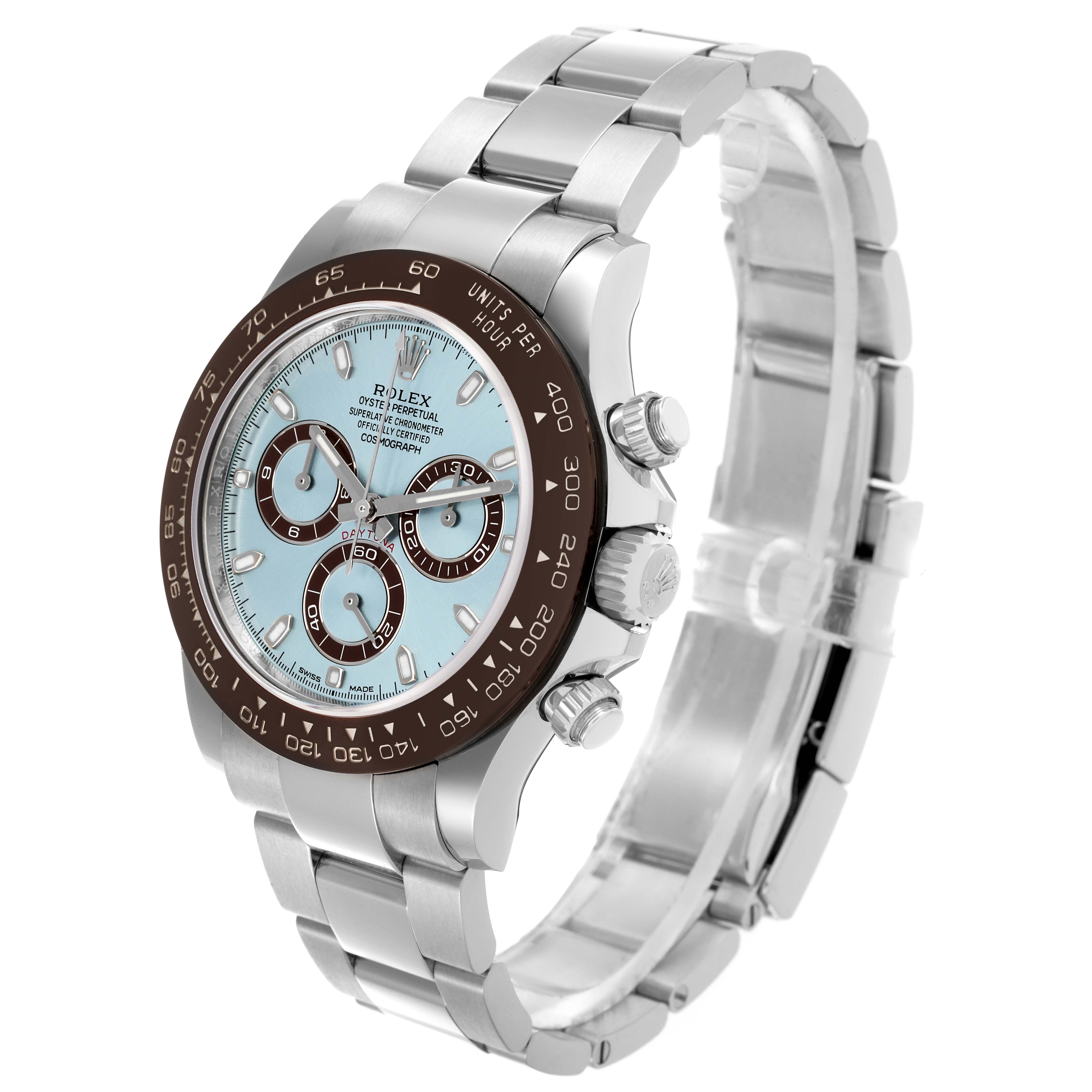 The Rolex Daytona 116506 Men's Platinum Blue Dial 116506 Men's Platinum Blue Dial watch is shown at a three-quarter angle, highlighting the face, bezel, and stainless steel bracelet.