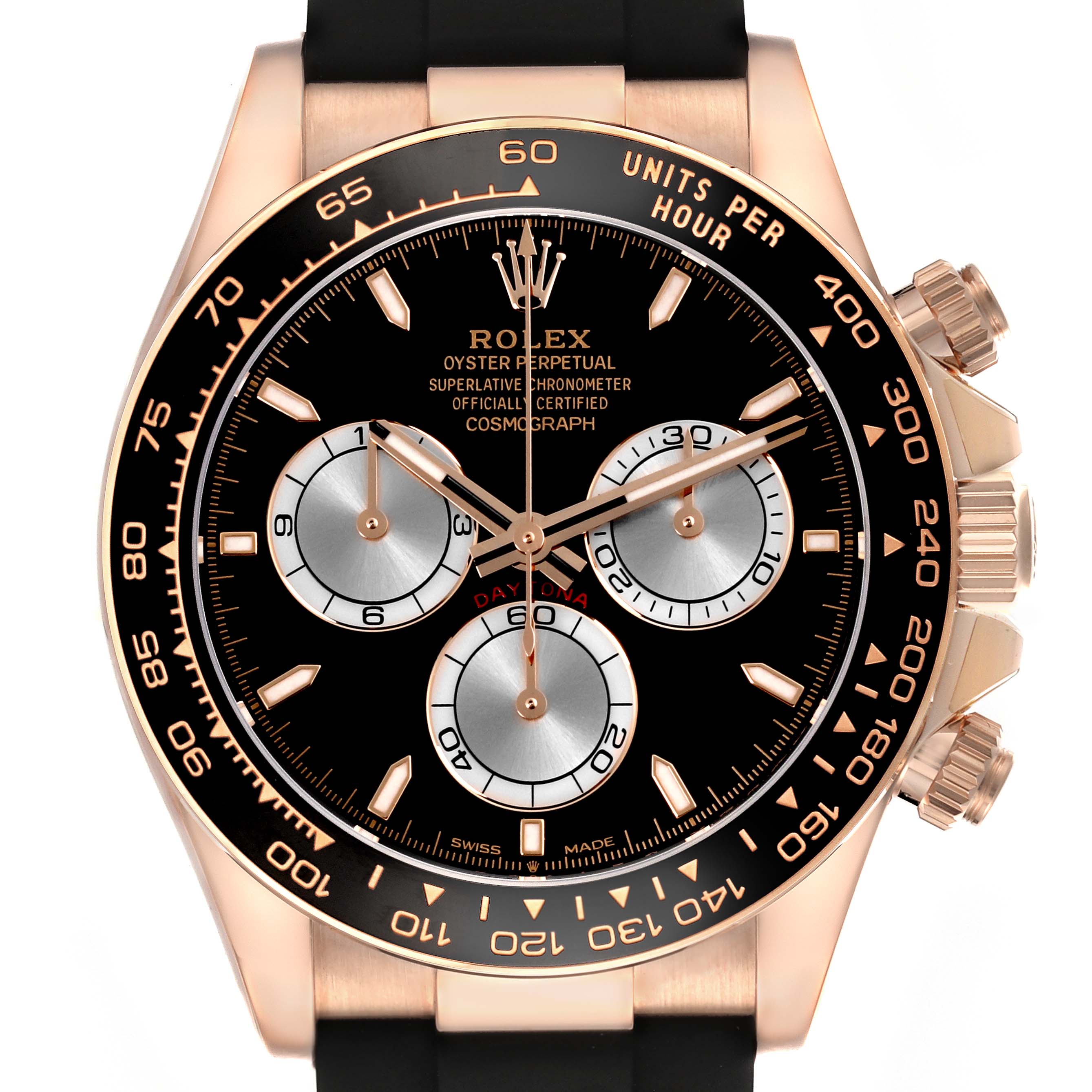 The image shows a front view of a Rolex Daytona 126515 Men's Rose Gold Black Dial 126515 Men's Rose Gold Black Dial watch, highlighting the dial, sub-dials, bezel, and crown.