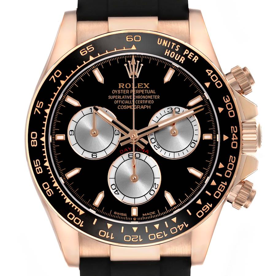 The image shows a front view of a Rolex Daytona watch, highlighting the dial, sub-dials, bezel, and crown.