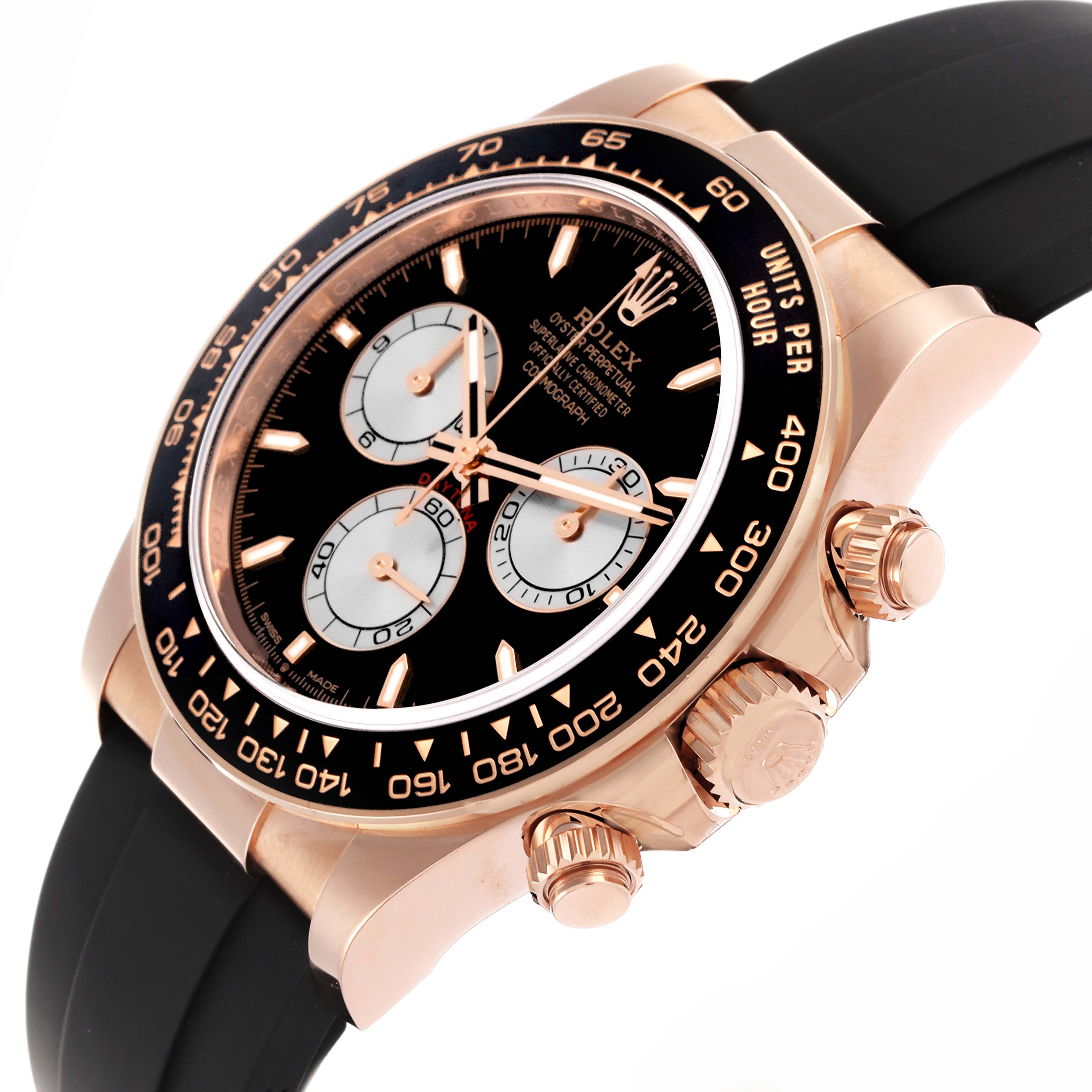 The Rolex Daytona 126515 Men's Rose Gold Black Dial 126515 Men's Rose Gold Black Dial watch is shown at a side angle, highlighting the bezel, dial, and chronograph pushers.
