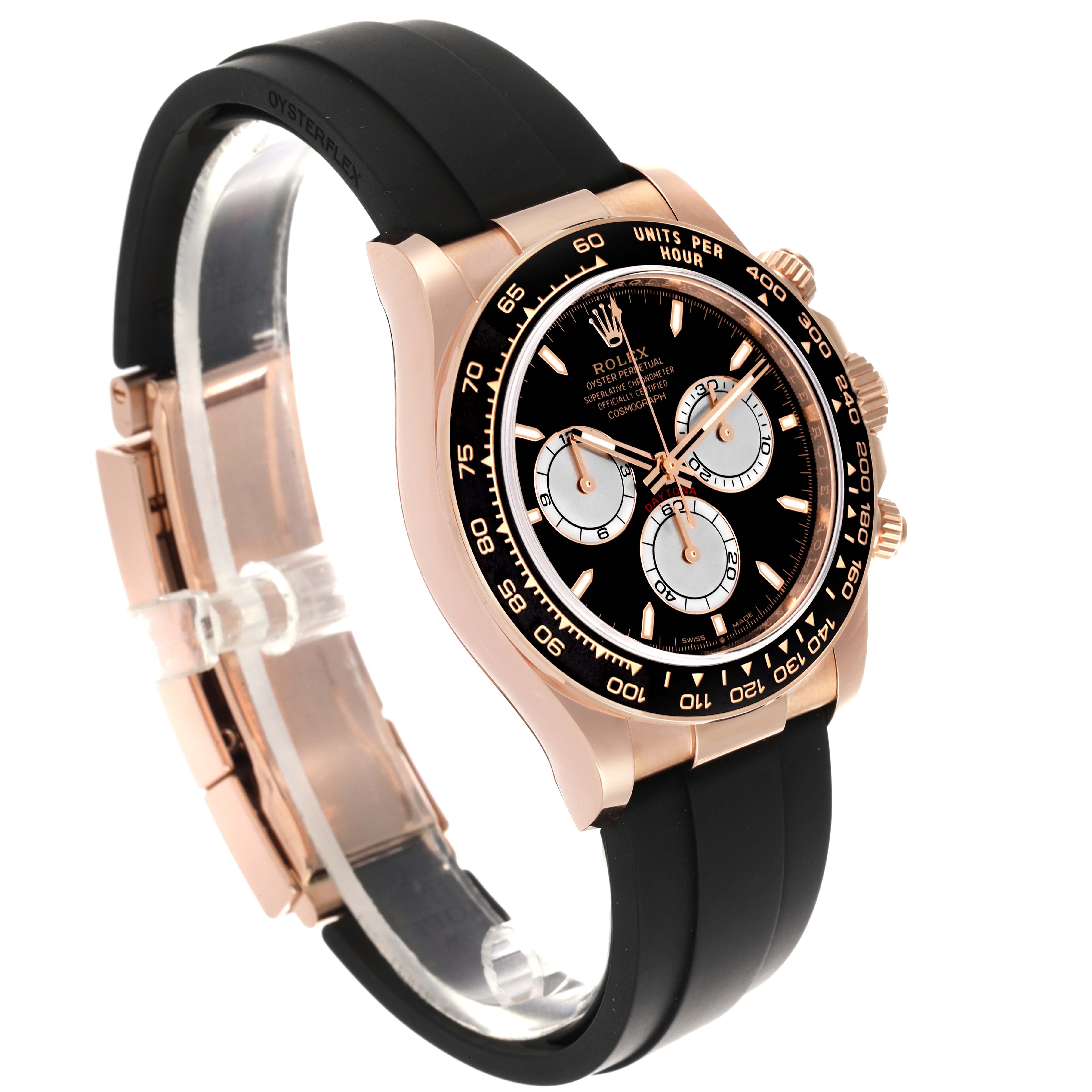 The Rolex Daytona 126515 Men's Rose Gold Black Dial 126515 Men's Rose Gold Black Dial watch is shown at a three-quarter angle, highlighting the black dial, bezel, and Oysterflex strap.