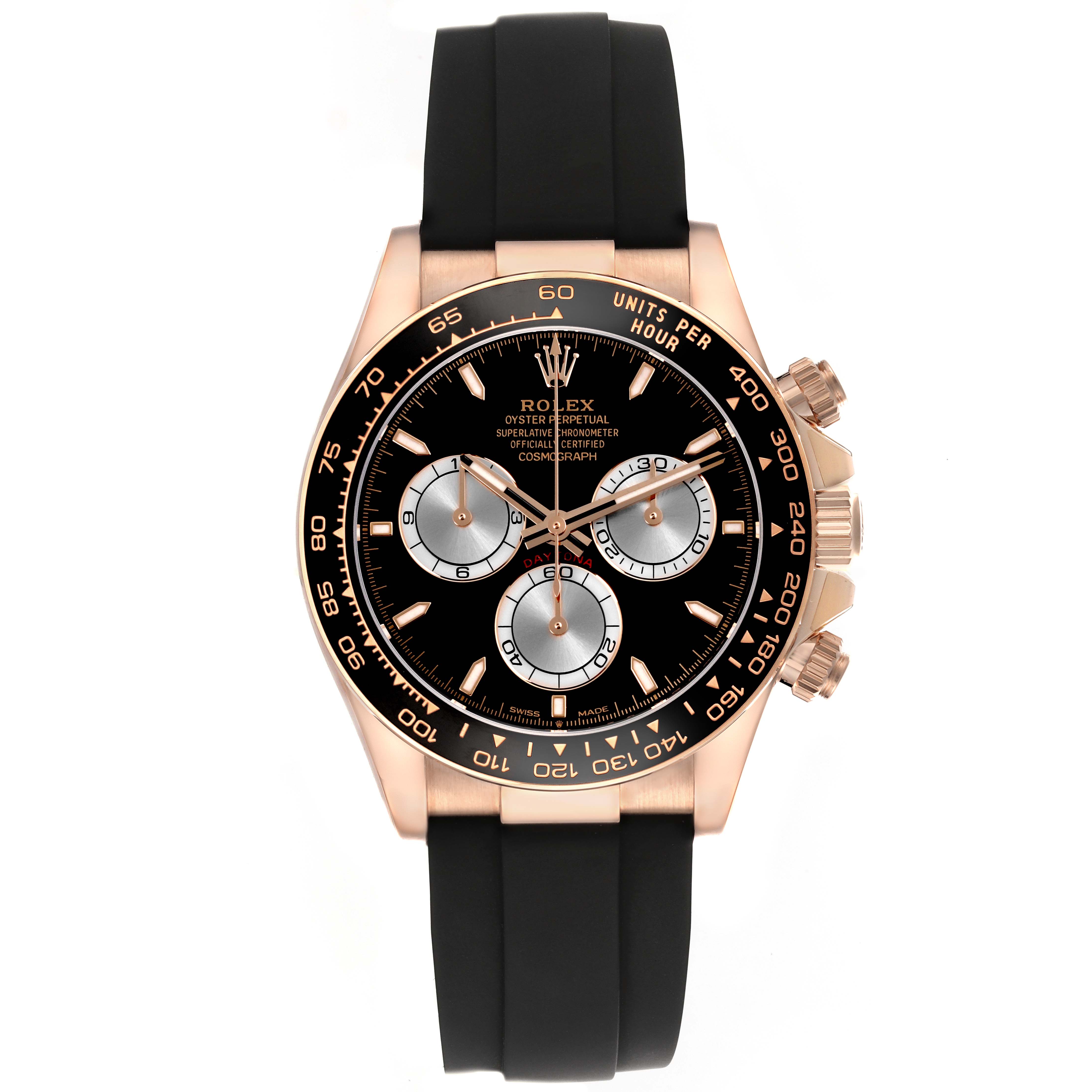 The Rolex Daytona 126515 Men's Rose Gold Black Dial 126515 Men's Rose Gold Black Dial watch is shown from a front angle, highlighting the dial, bezel, and rubber strap.