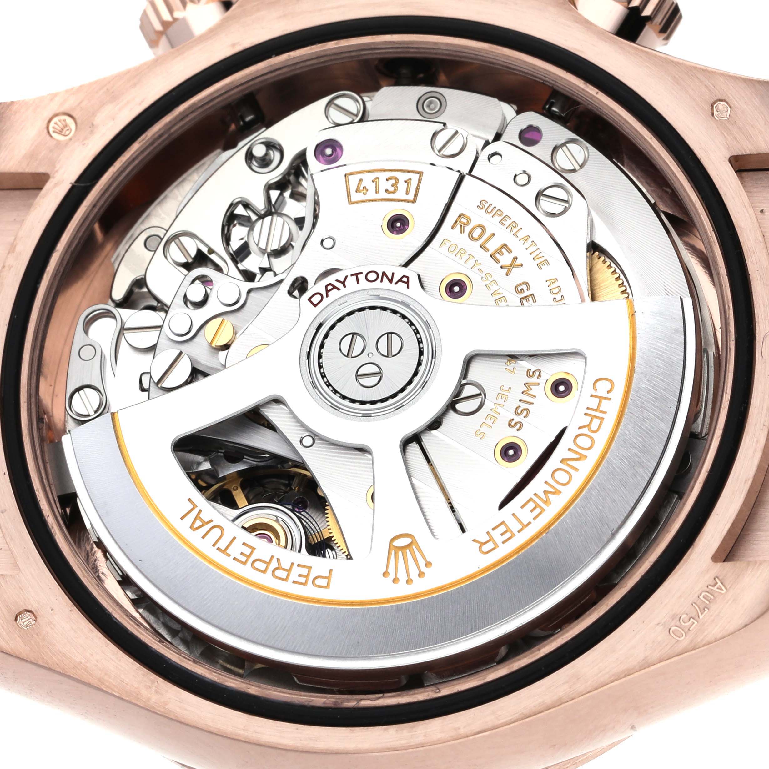 The image shows a close-up of the Rolex Daytona 126515 Men's Rose Gold Black Dial 126515 Men's Rose Gold Black Dial's movement, highlighting intricate gears and the rotor.