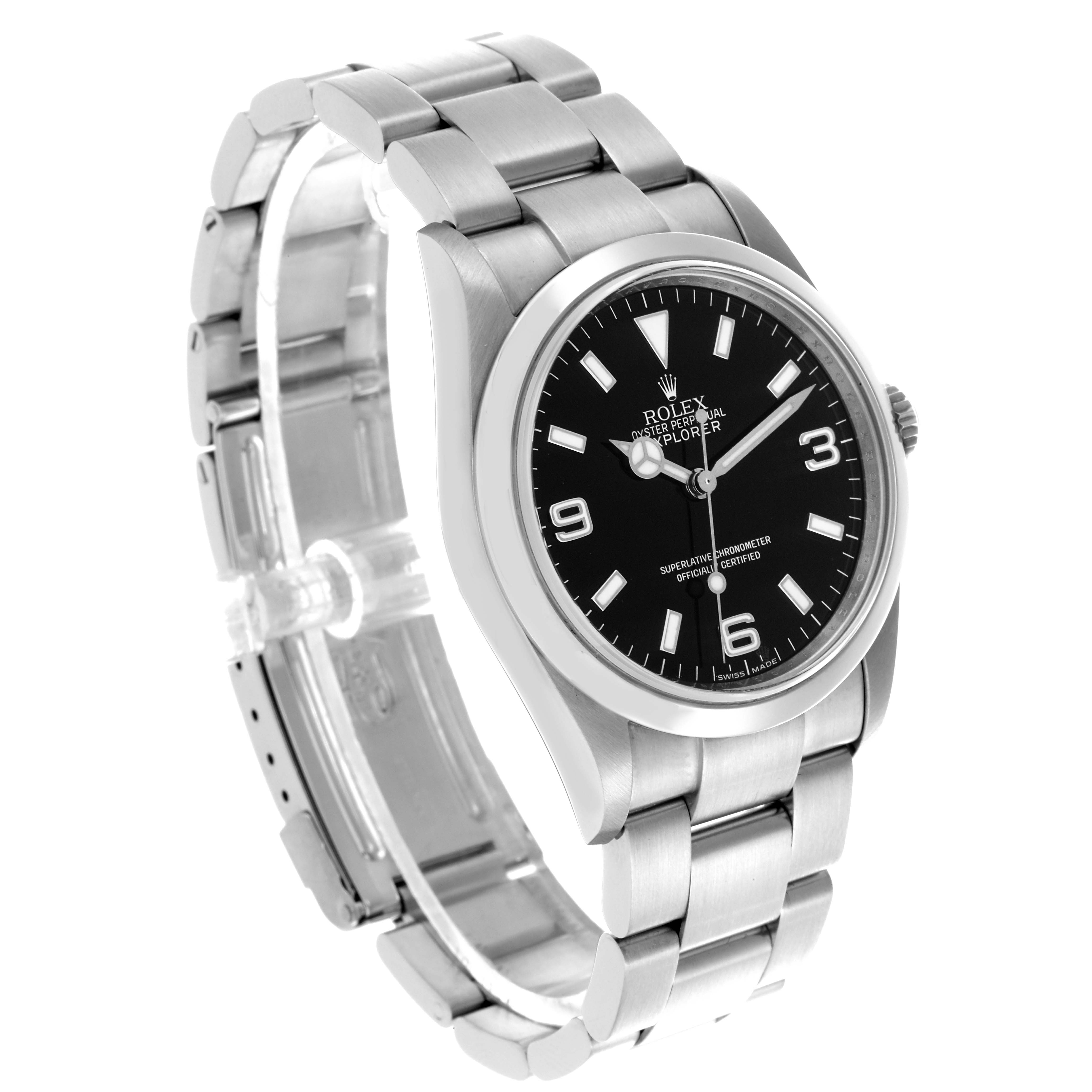 The Rolex Explorer 114270 Men's Stainless Steel Black Dial 114270 Men's Stainless Steel Black Dial watch is shown at a three-quarter angle, highlighting the face, bezel, and bracelet.