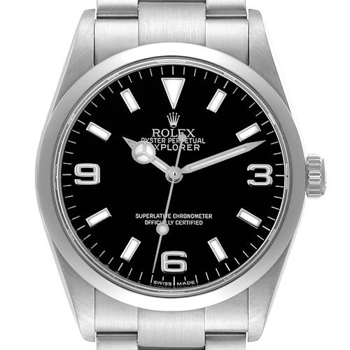 The Rolex Explorer watch is shown from the front, displaying its face, bezel, and part of the bracelet.