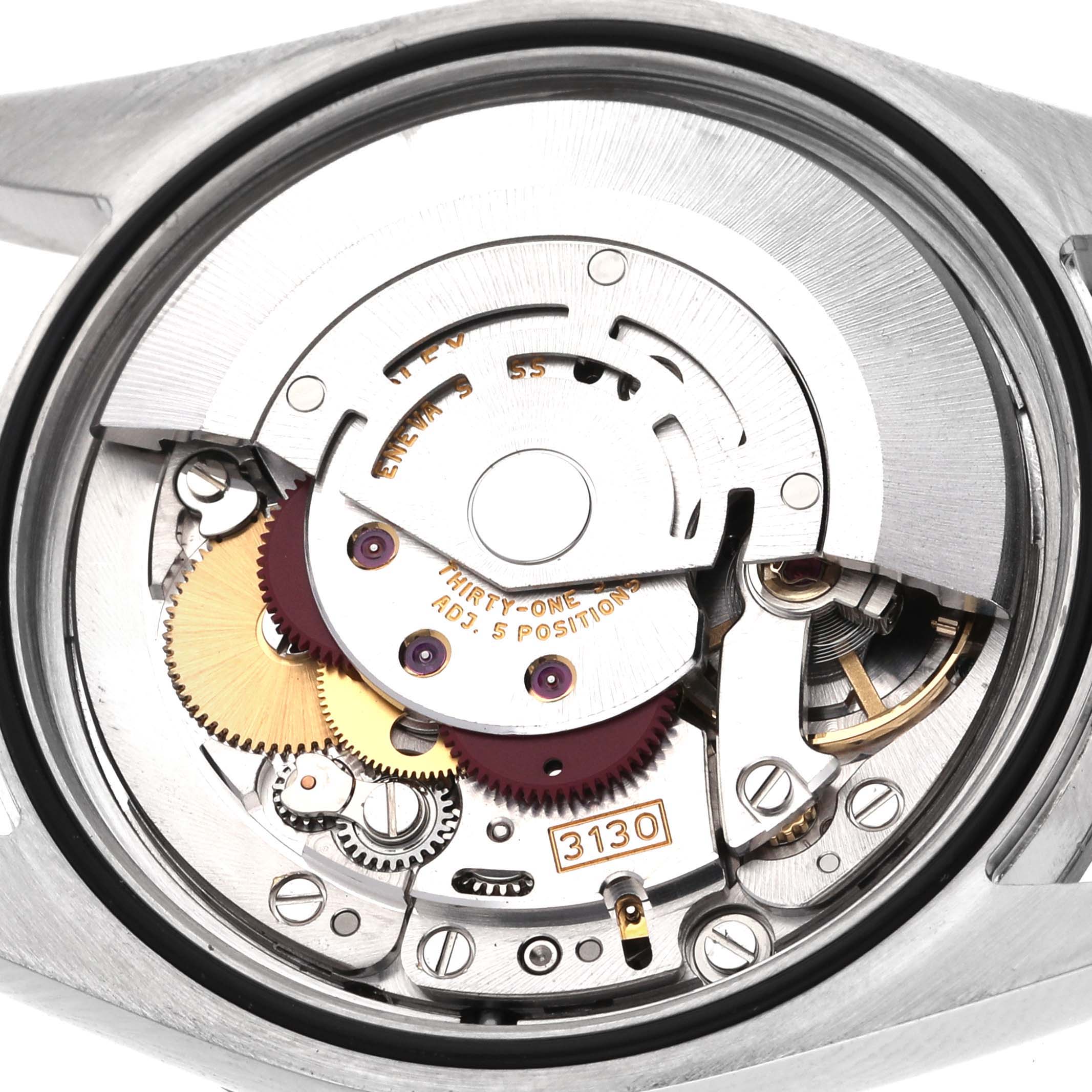 This image shows the movement mechanism of a Rolex Explorer 114270 Men's Stainless Steel Black Dial 114270 Men's Stainless Steel Black Dial watch from a top-down angle.