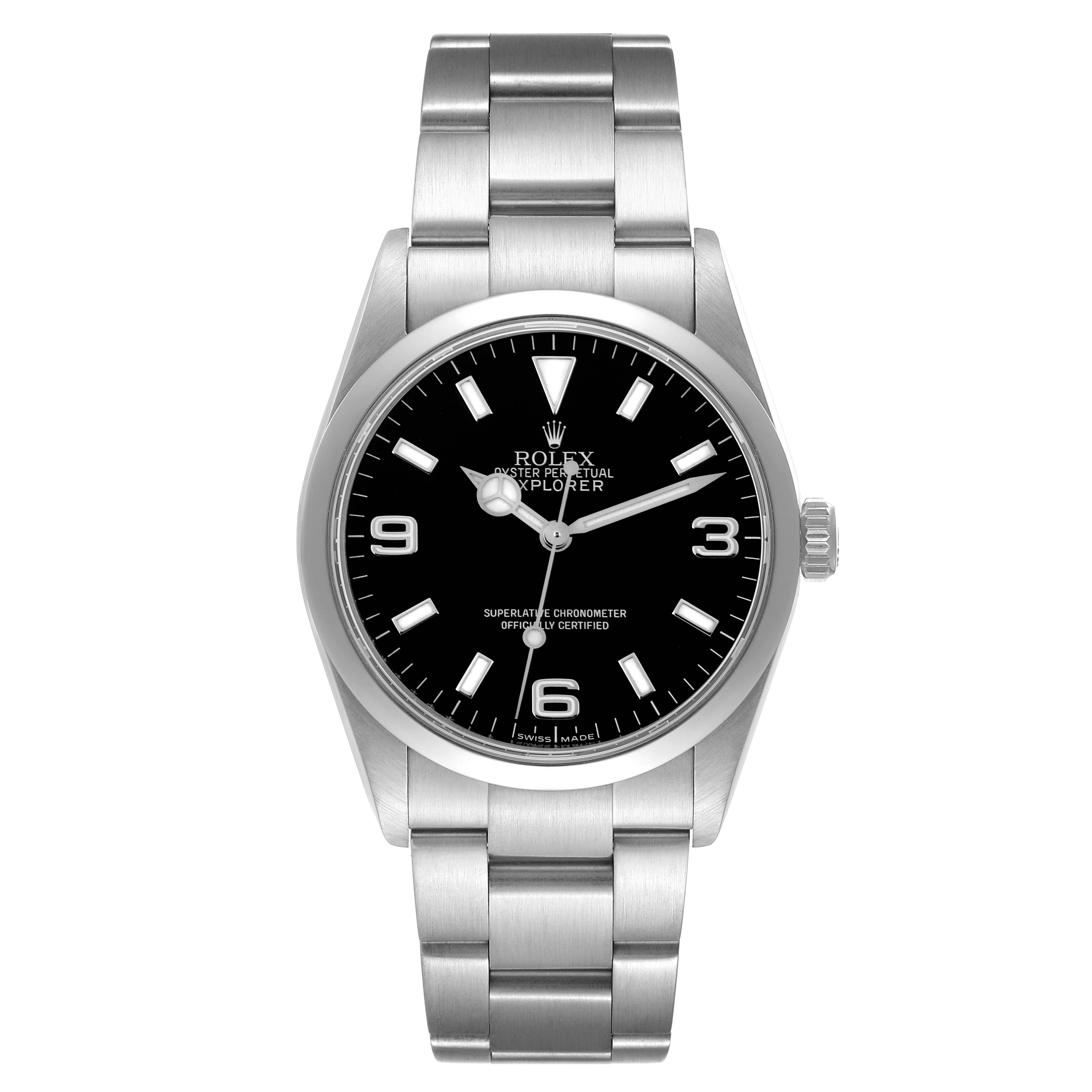 The Rolex Explorer 114270 Men's Stainless Steel Black Dial 114270 Men's Stainless Steel Black Dial watch is shown from the front, displaying the face, case, crown, and part of the bracelet.