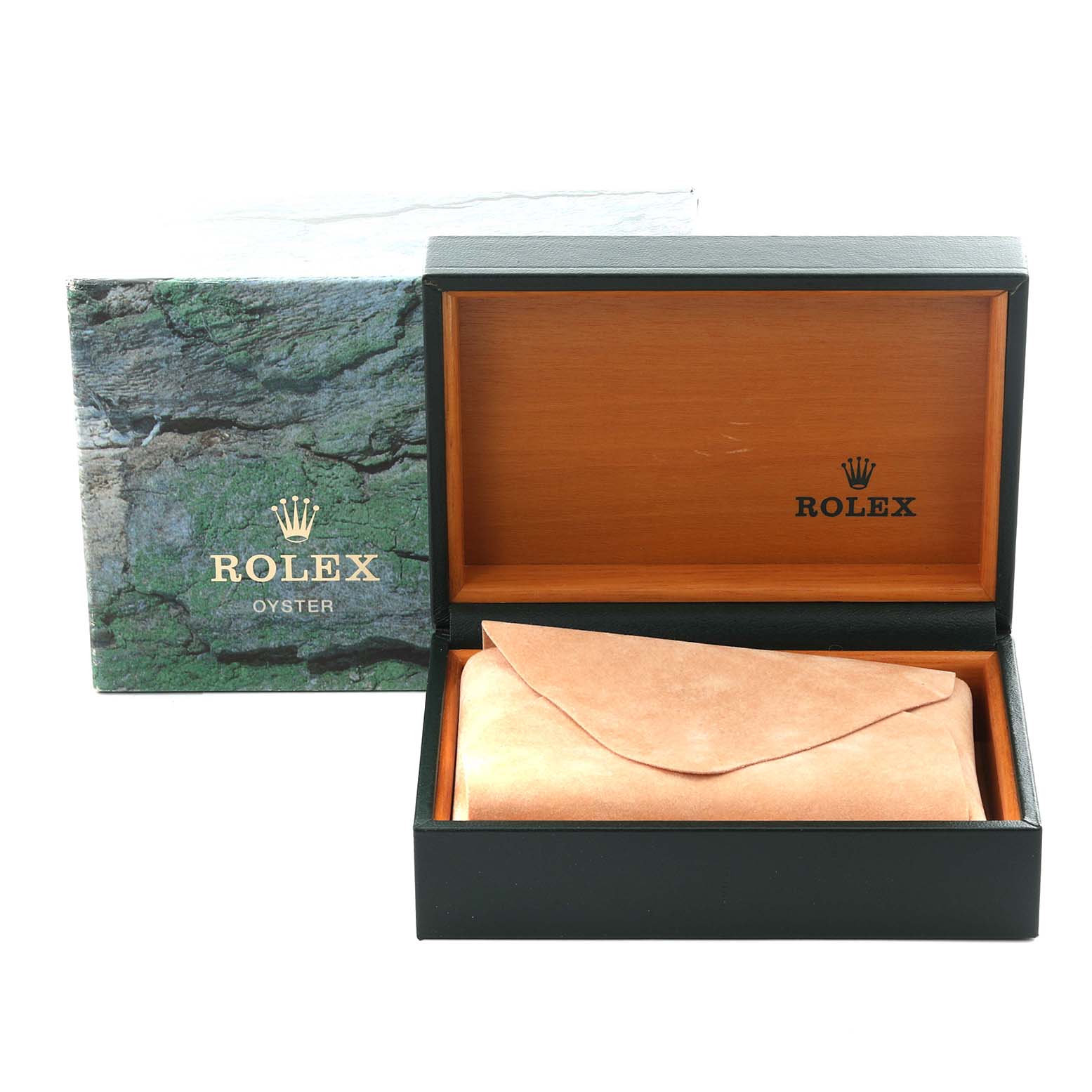 The image shows a Rolex Oyster box for an Explorer model, featuring an open green and brown packaging.