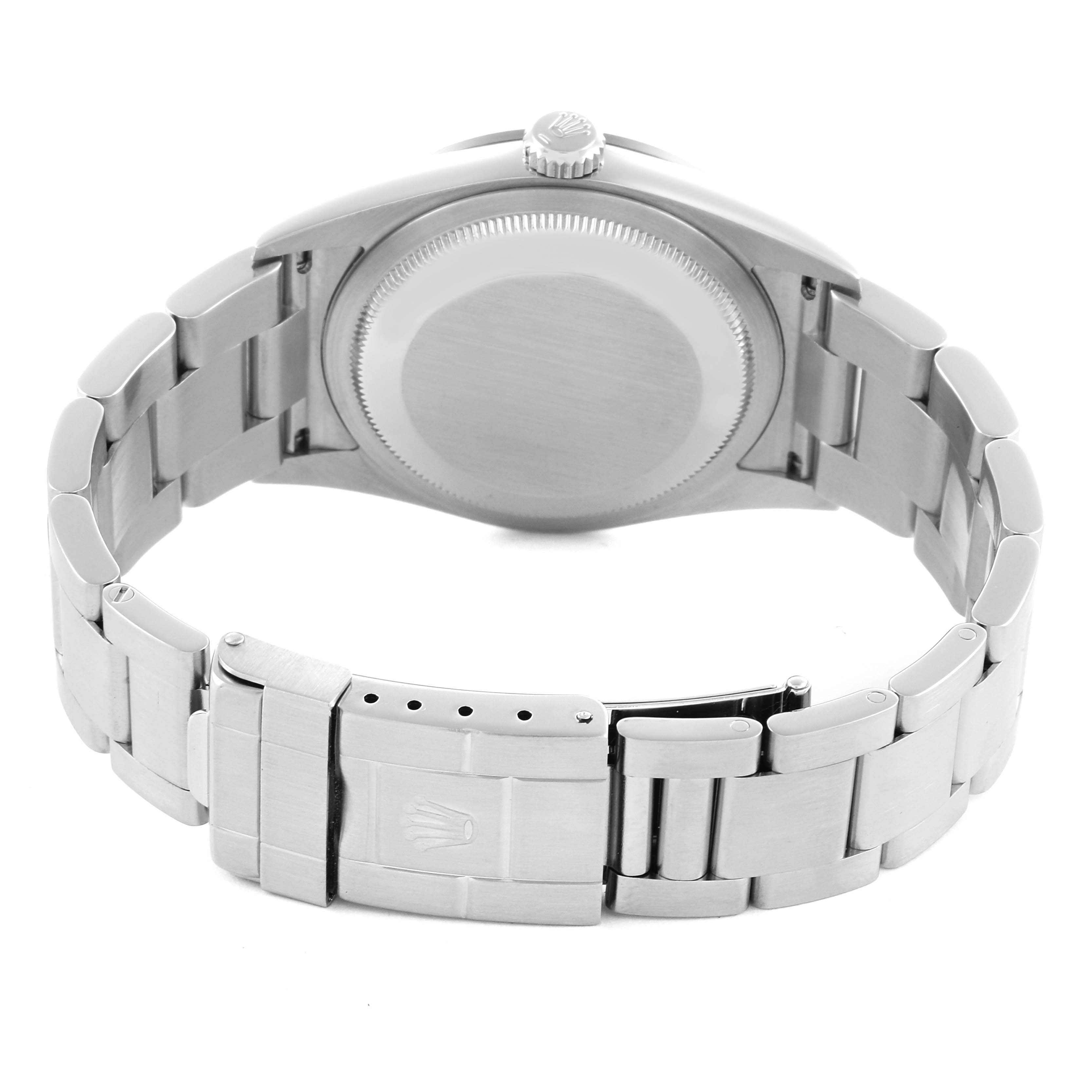 The image shows the Rolex Explorer 114270 Men's Stainless Steel Black Dial 114270 Men's Stainless Steel Black Dial's back case, bracelet, and clasp from a rear angle.