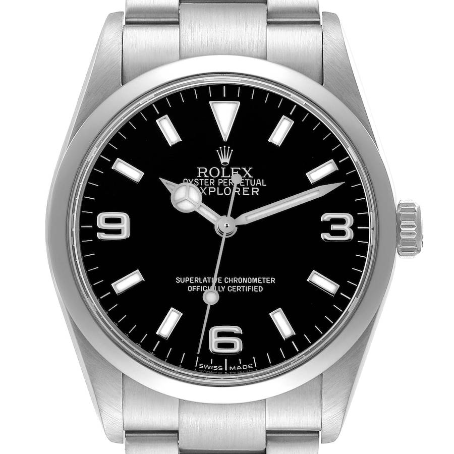 The image shows a front view of a Rolex Explorer watch, displaying the dial, bezel, case, and part of the bracelet.