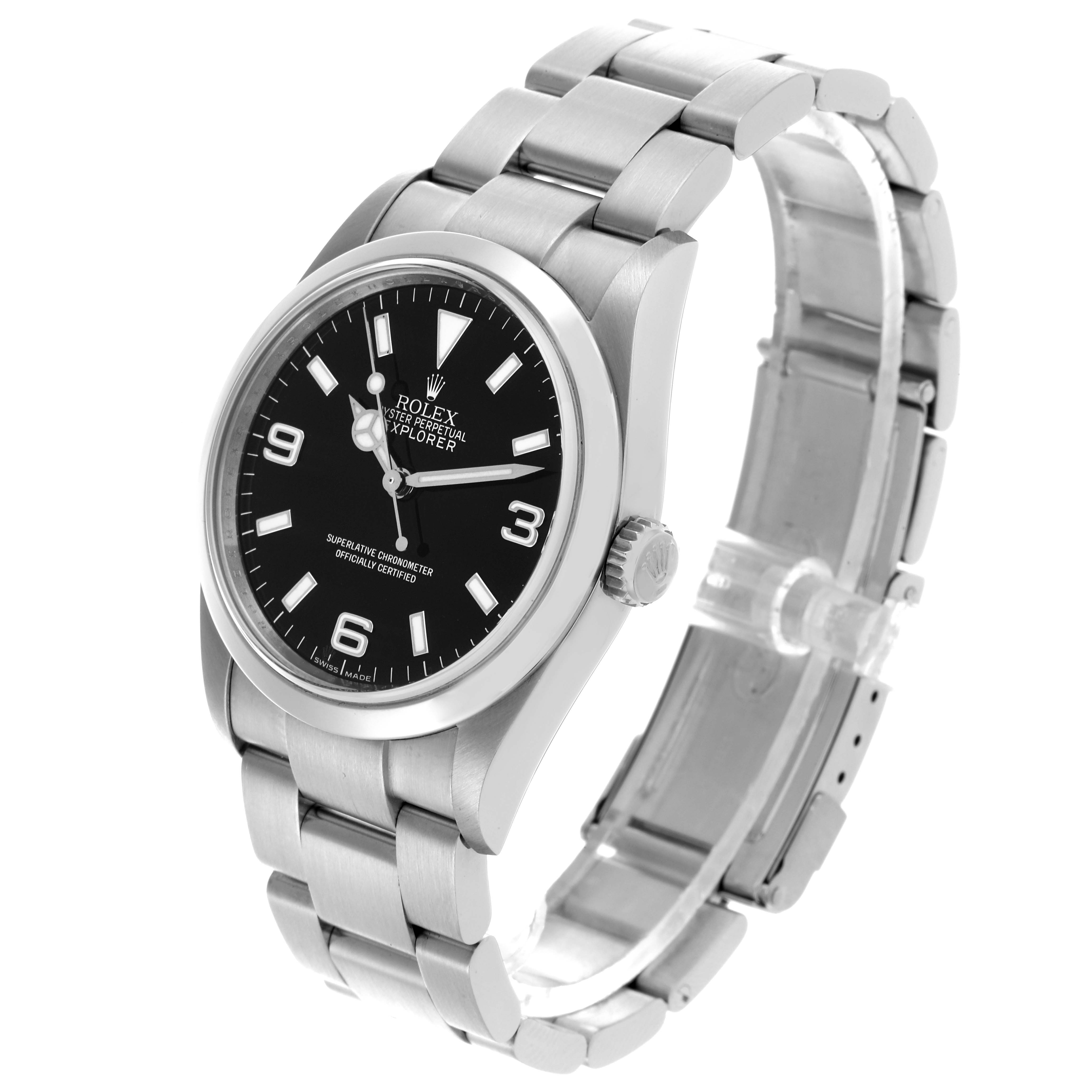 The image shows a side angle of the Rolex Explorer 114270 Men's Stainless Steel Black Dial 114270 Men's Stainless Steel Black Dial watch, displaying the dial, case, crown, and bracelet.
