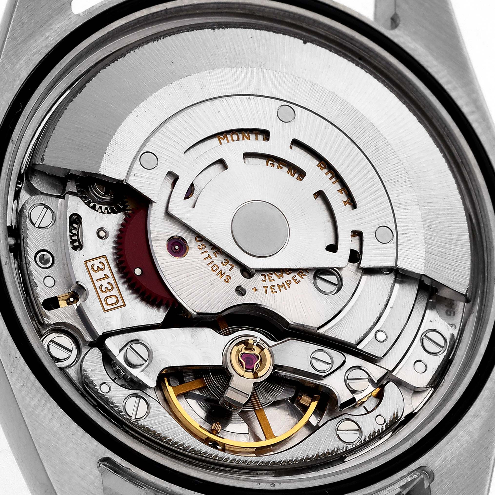 The image shows the movement mechanism of a Rolex Explorer 114270 Men
s Stainless Steel Black Dial 114270 Men
s Stainless Steel Black Dial watch from a top-down angle.