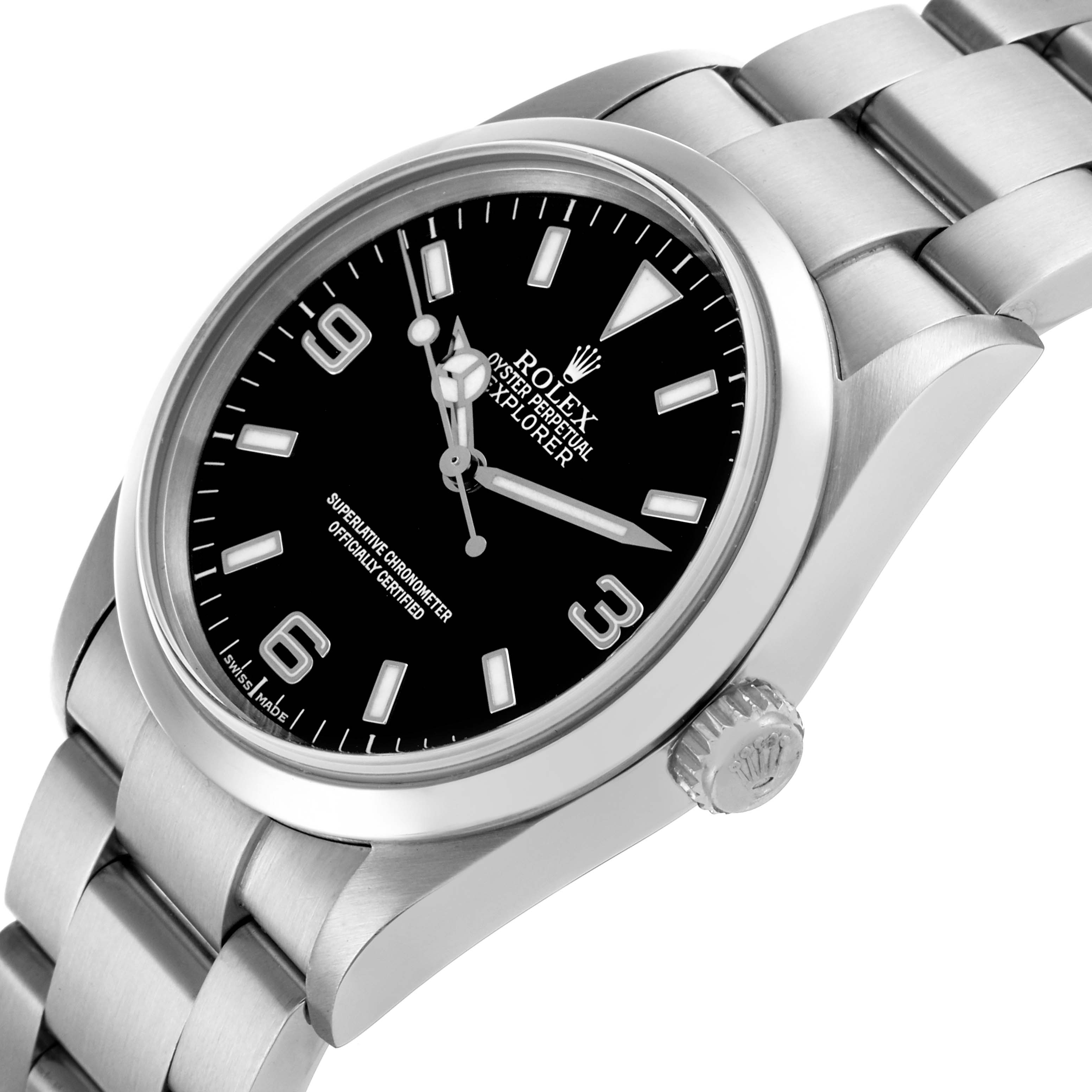 The Rolex Explorer 114270 Men
s Stainless Steel Black Dial 114270 Men
s Stainless Steel Black Dial watch is shown at a slight angle, displaying the face, crown, and part of the bracelet.