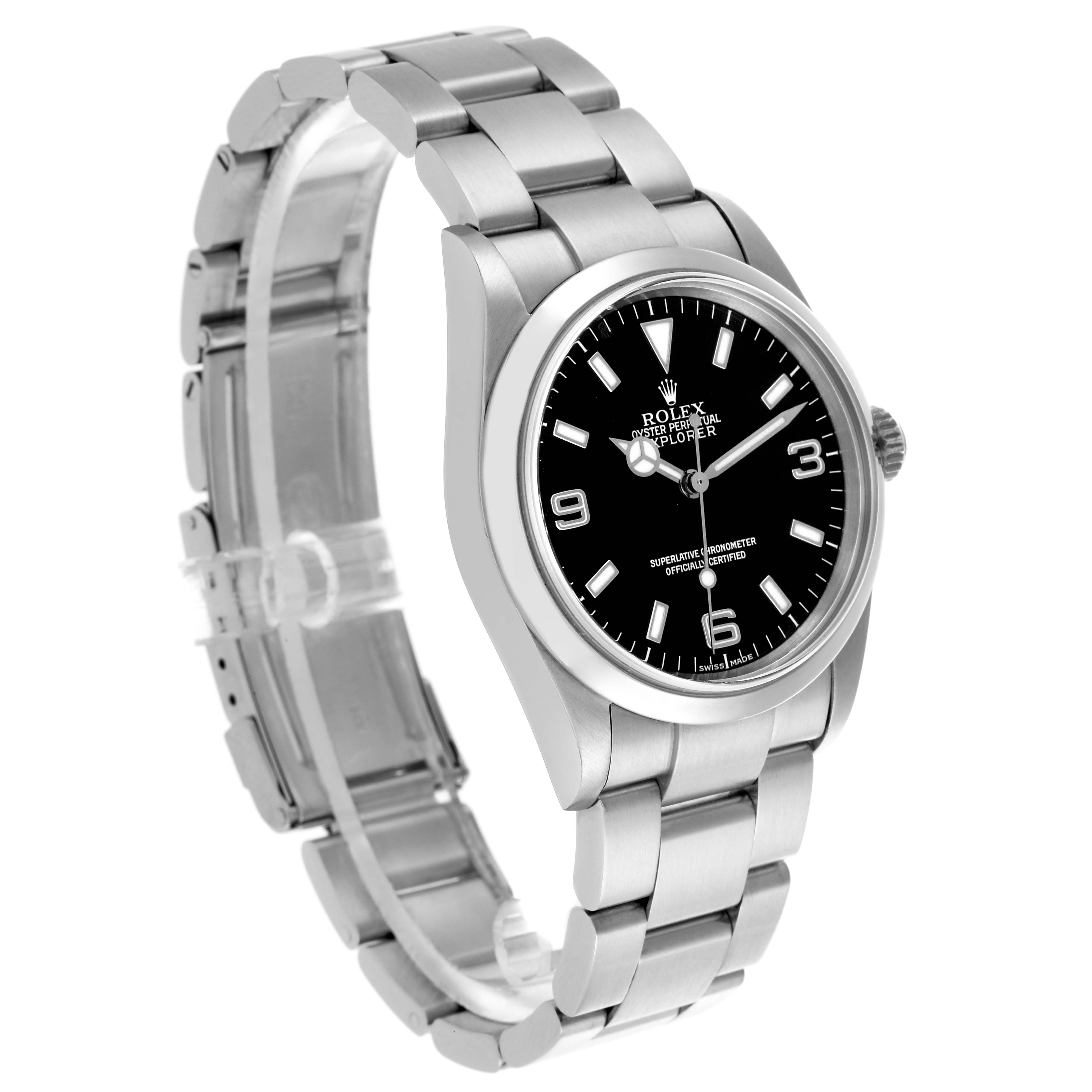 The Rolex Explorer 114270 Men
s Stainless Steel Black Dial 114270 Men
s Stainless Steel Black Dial watch is shown at a three-quarter angle, showcasing its face, bezel, and part of the bracelet.