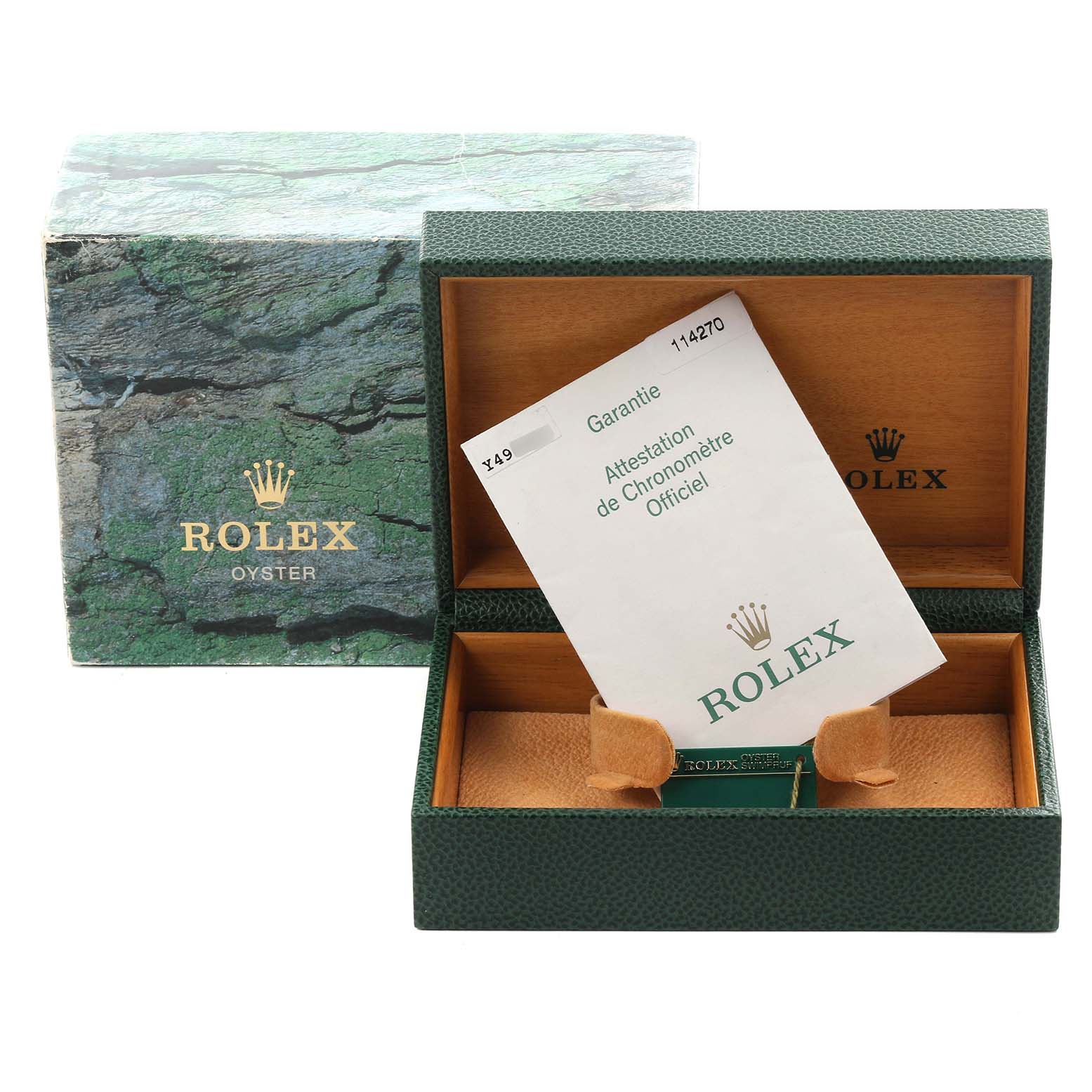 The image shows a Rolex Explorer 114270 Men
s Stainless Steel Black Dial 114270 Men
s Stainless Steel Black Dial box, booklet, and warranty card from a front angle.