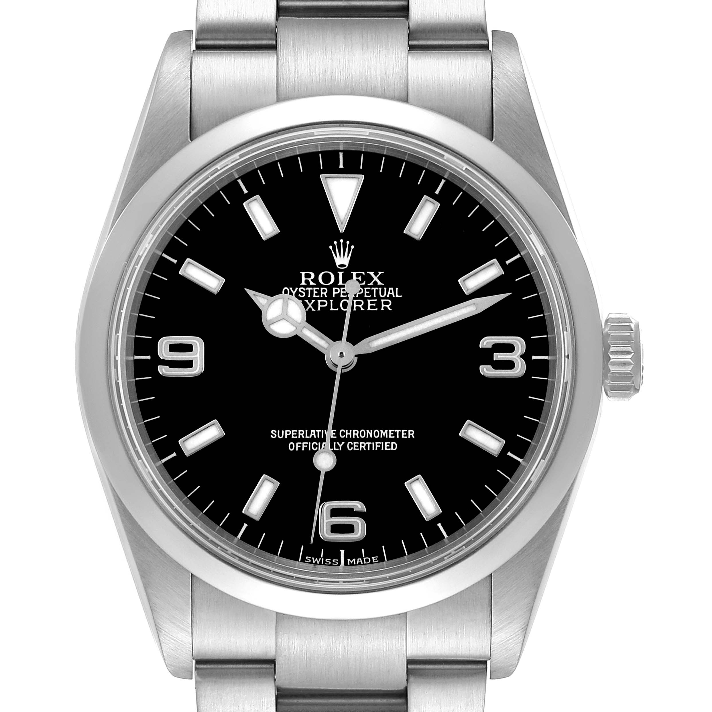 The Rolex Explorer 114270 Men
s Stainless Steel Black Dial 114270 Men
s Stainless Steel Black Dial watch is shown from the front, displaying its face, bezel, and part of the bracelet.