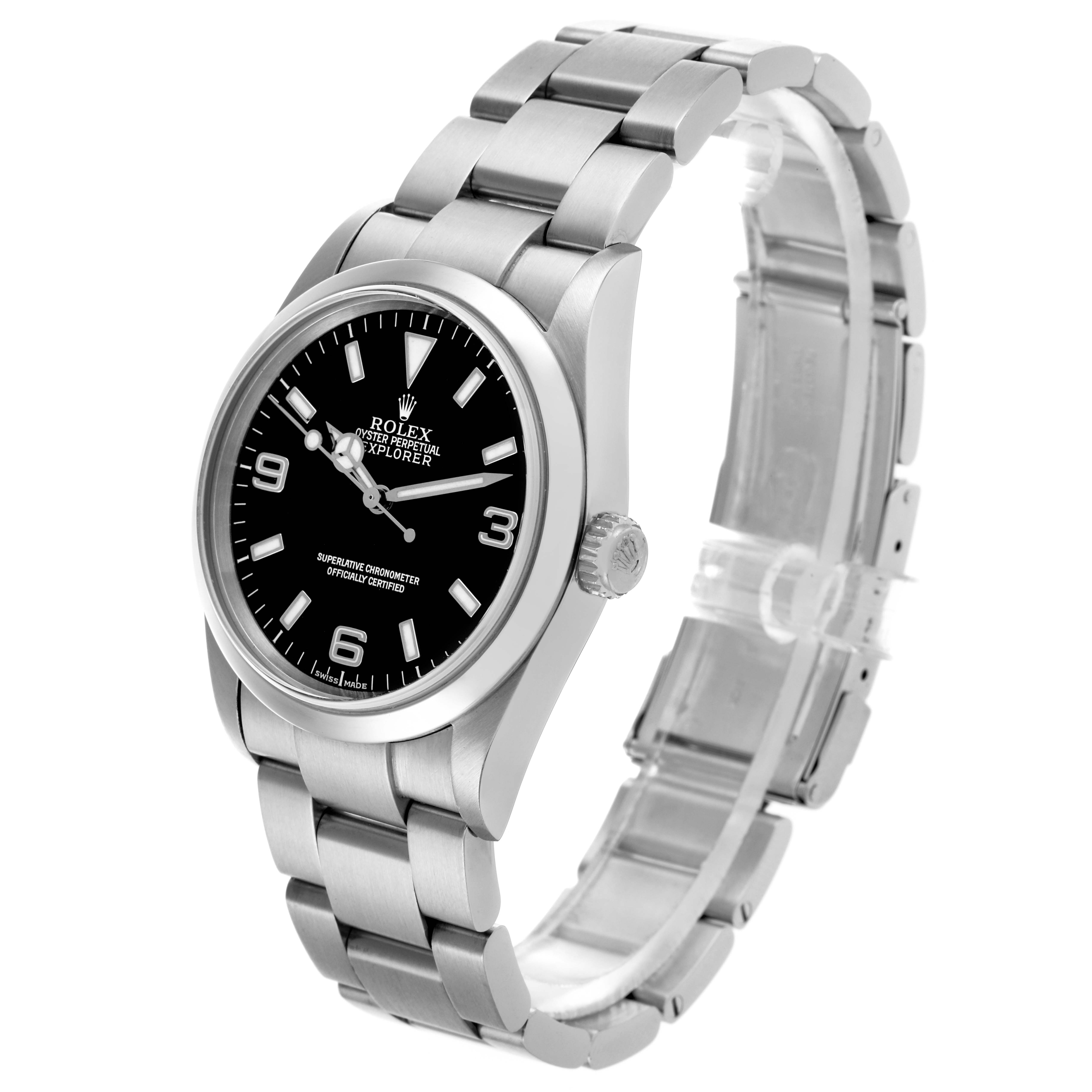 The Rolex Explorer 114270 Men
s Stainless Steel Black Dial 114270 Men
s Stainless Steel Black Dial watch is shown at a three-quarter angle, displaying the face, case, crown, and bracelet.