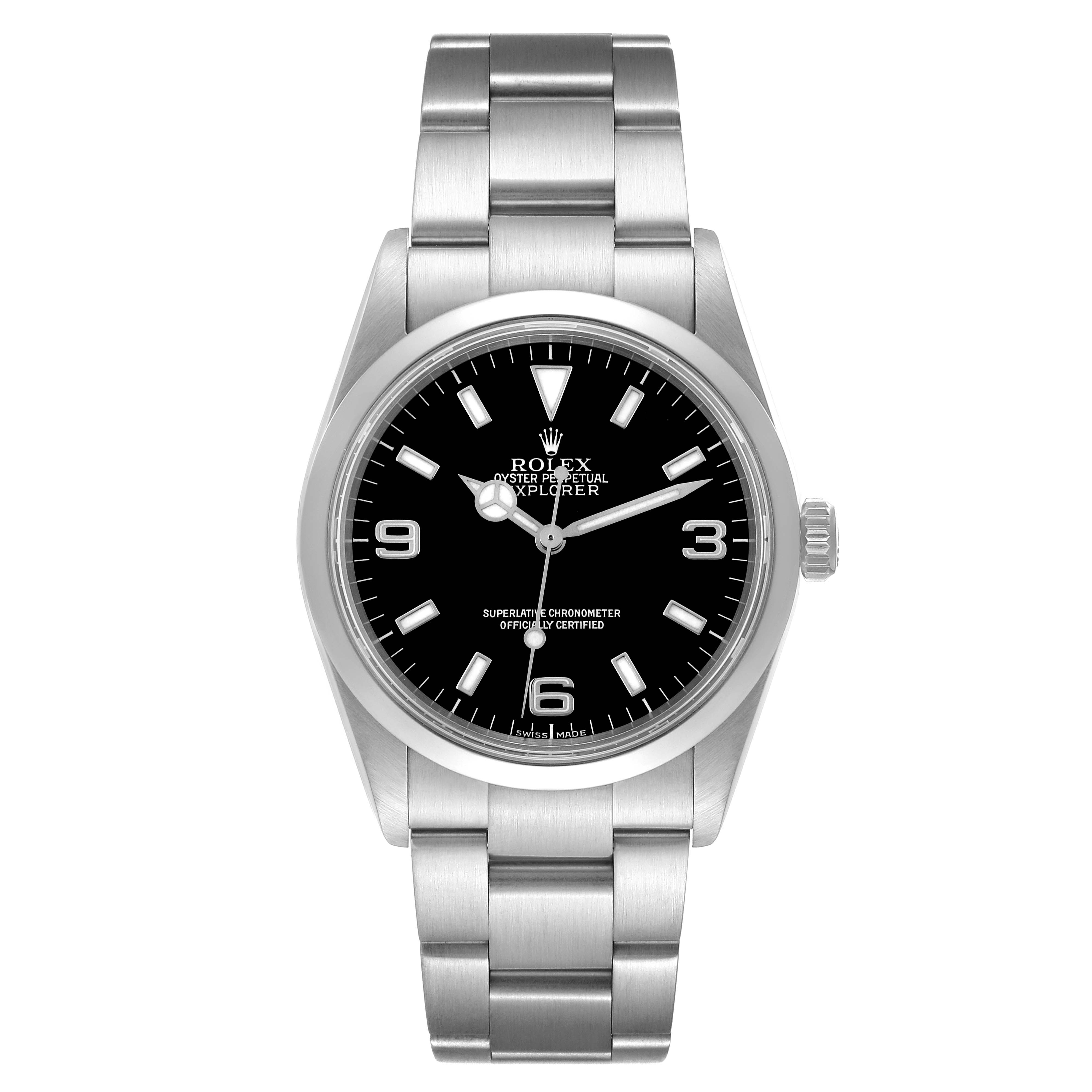 The Rolex Explorer 114270 Men
s Stainless Steel Black Dial 114270 Men
s Stainless Steel Black Dial watch is shown from the front, highlighting the dial, bezel, case, and stainless steel bracelet.