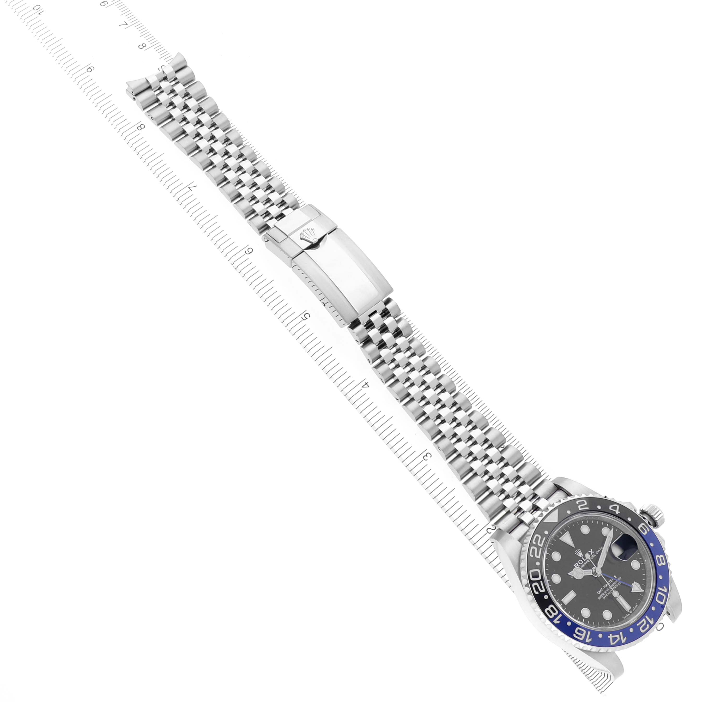 The Rolex GMT-Master 126710BLNR Men
s Stainless Steel Black Dial 126710BLNR Men
s Stainless Steel Black Dial watch is shown from a top view, displaying the dial, bezel, bracelet, and clasp.