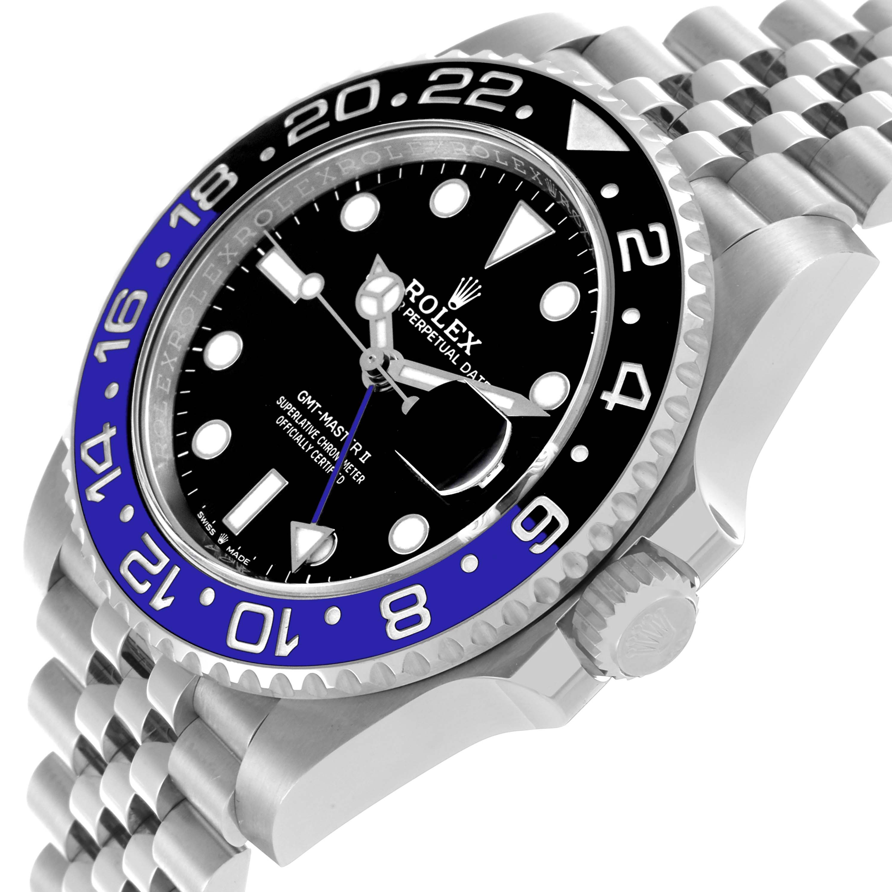 The Rolex GMT-Master 126710BLNR Men
s Stainless Steel Black Dial 126710BLNR Men
s Stainless Steel Black Dial watch is shown from a side angle, highlighting the bezel, dial, crown, and part of the bracelet.