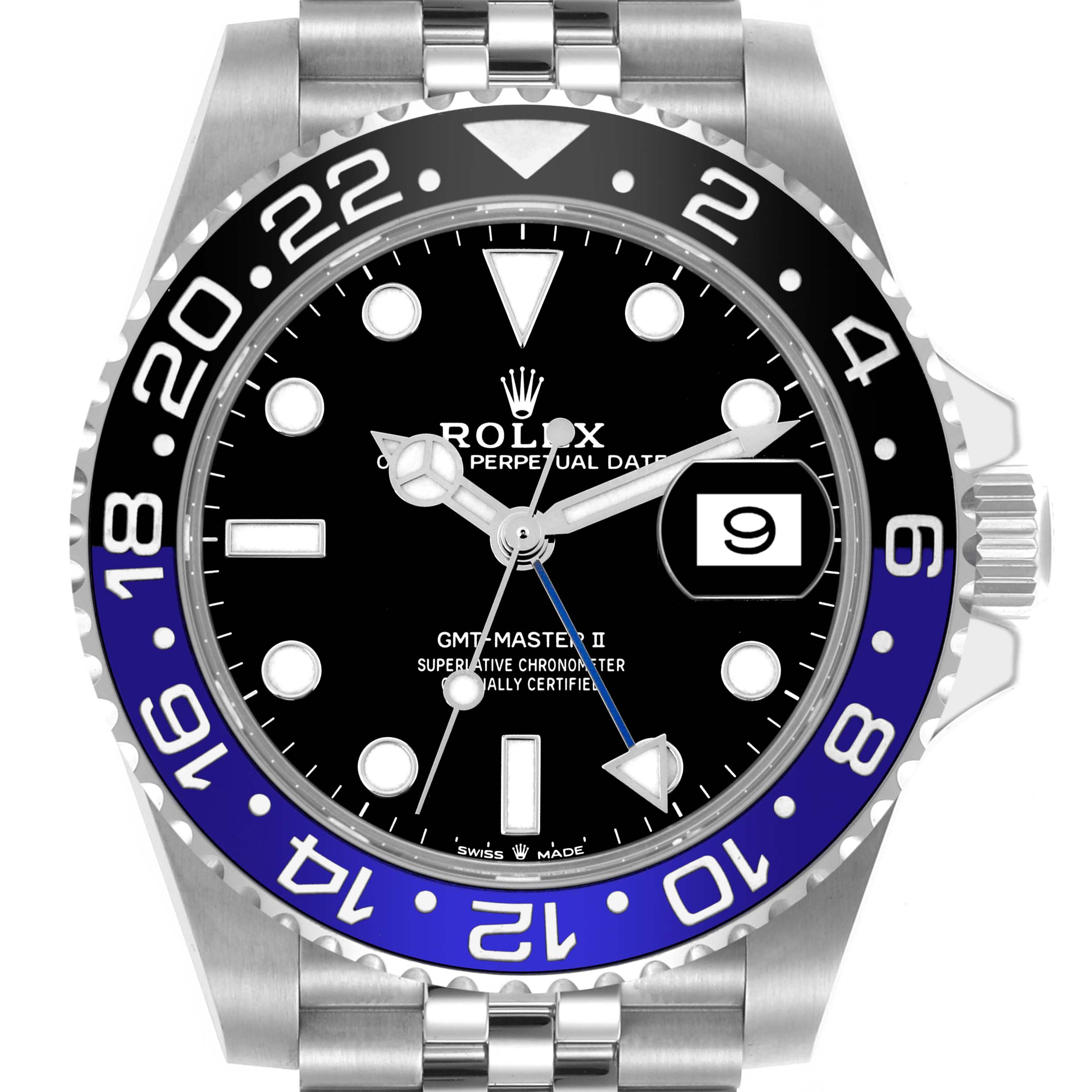 The image shows a front view of the Rolex GMT-Master 126710BLNR Men
s Stainless Steel Black Dial 126710BLNR Men
s Stainless Steel Black Dial II, highlighting its bezel, dial, and date display.