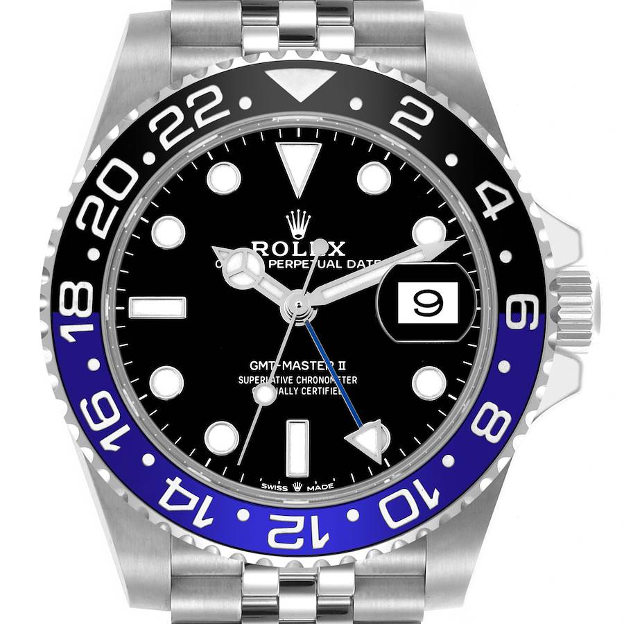 The image shows a front view of the Rolex GMT-Master II, highlighting its bezel, dial, and date display.