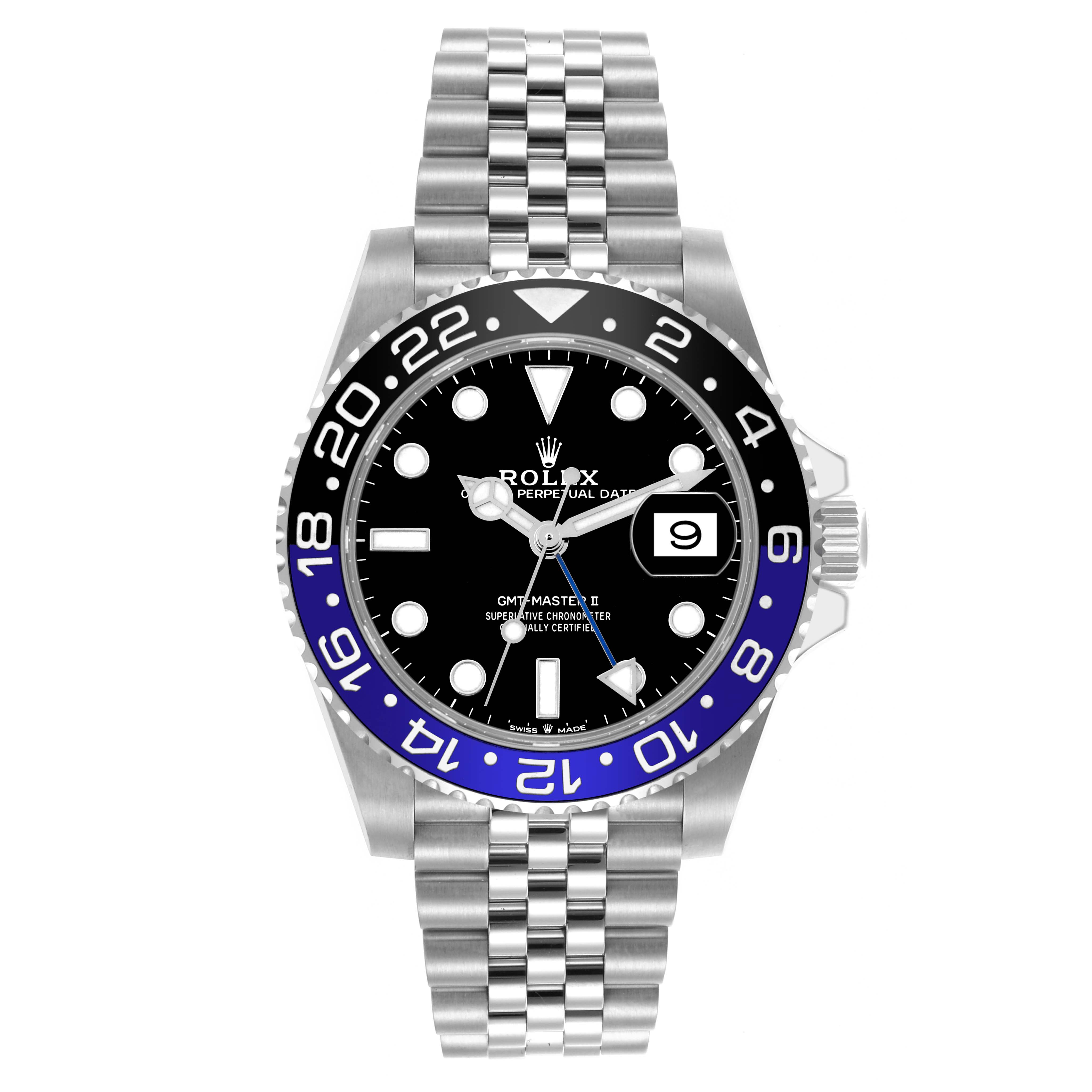 The image shows a front view of the Rolex GMT-Master 126710BLNR Men
s Stainless Steel Black Dial 126710BLNR Men
s Stainless Steel Black Dial II, highlighting its face, bezel, and jubilee bracelet.