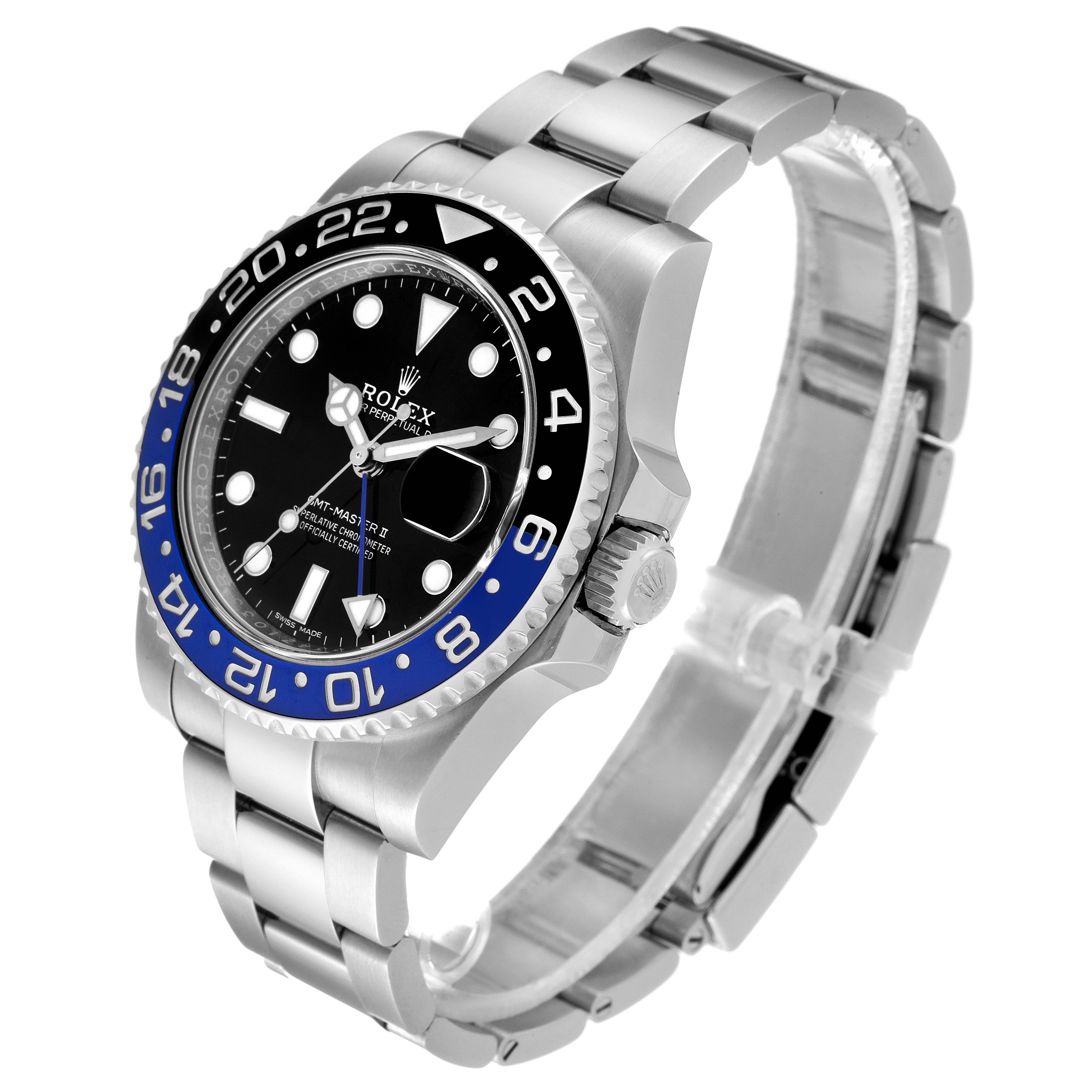 This image shows a Rolex GMT-Master 116710 Men
s Stainless Steel Black Dial 116710 Men
s Stainless Steel Black Dial watch at a three-quarter angle, highlighting the bezel, dial, crown, and bracelet.