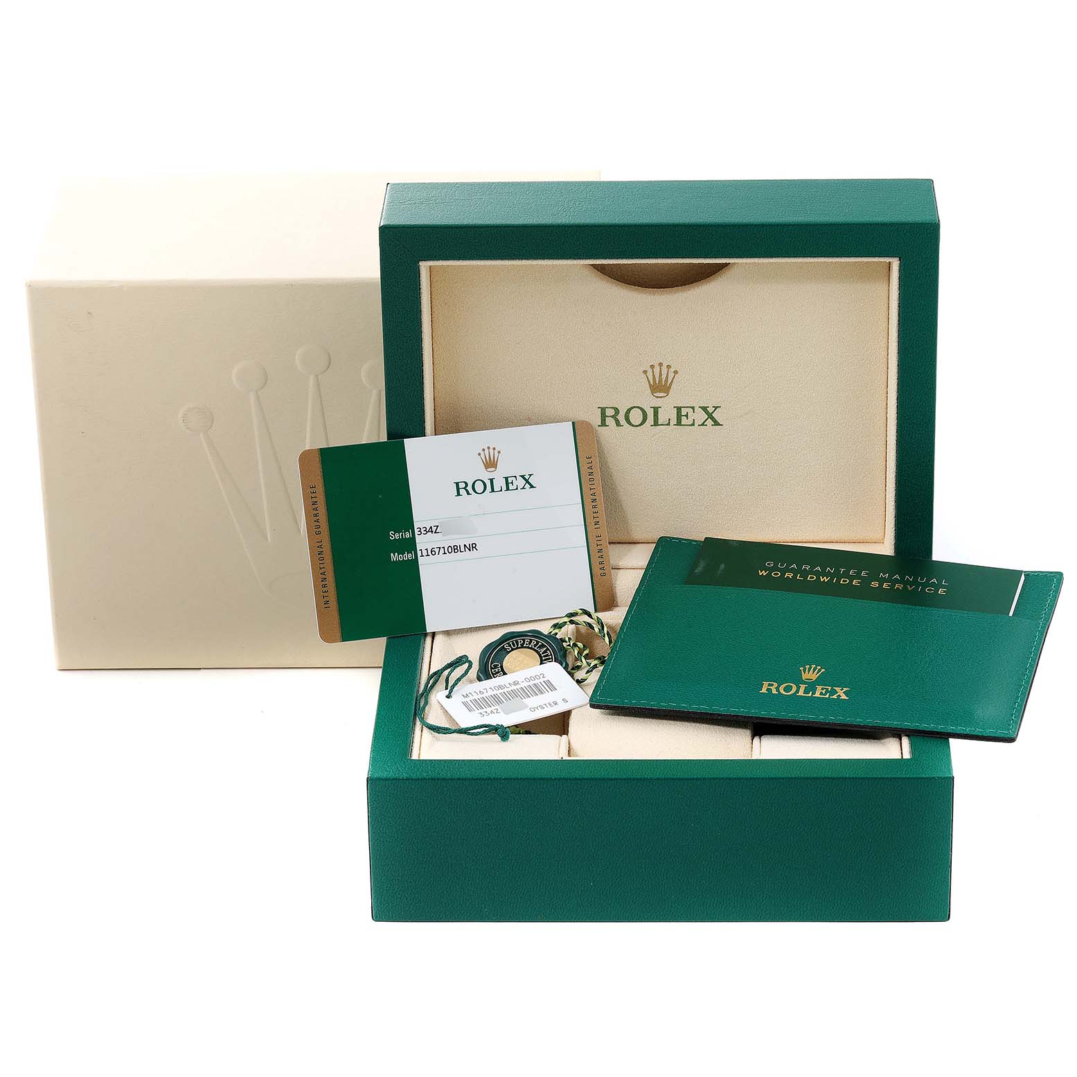 The image shows the packaging, warranty card, tag, and manual for the Rolex GMT-Master 116710 Men
s Stainless Steel Black Dial 116710 Men
s Stainless Steel Black Dial model.