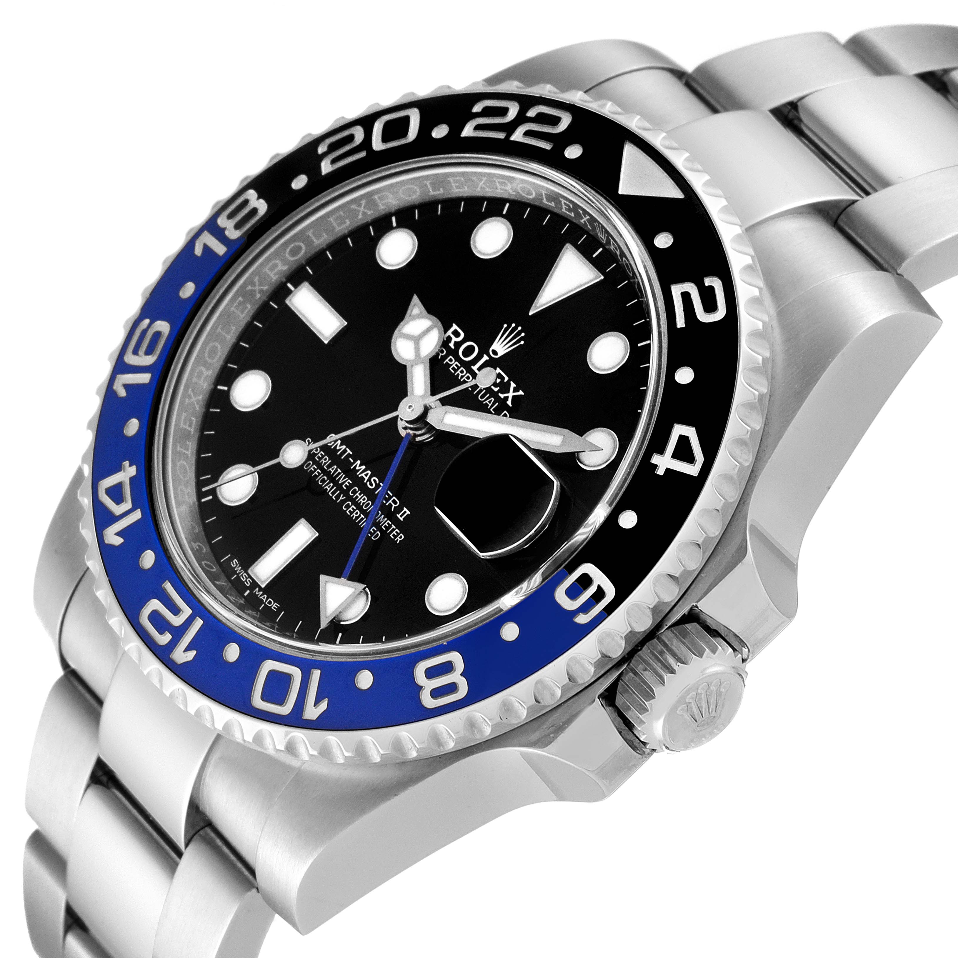 This image shows the face and bracelet of the Rolex GMT-Master 116710 Men
s Stainless Steel Black Dial 116710 Men
s Stainless Steel Black Dial II watch from a slight side angle.
