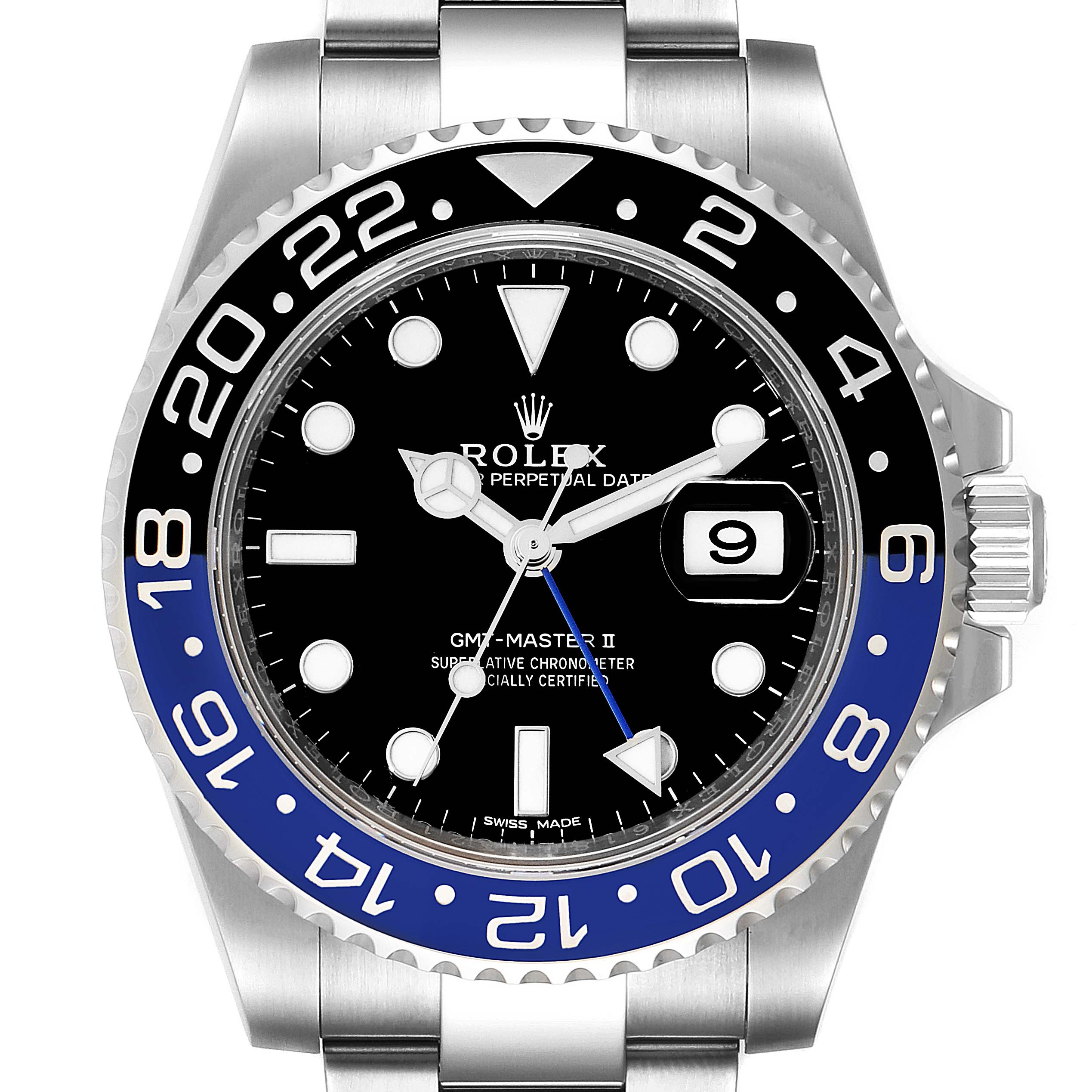 This is a close-up view of the Rolex GMT-Master 116710 Men
s Stainless Steel Black Dial 116710 Men
s Stainless Steel Black Dial II watch, showing its bezel, dial, hands, date window, and part of the bracelet.