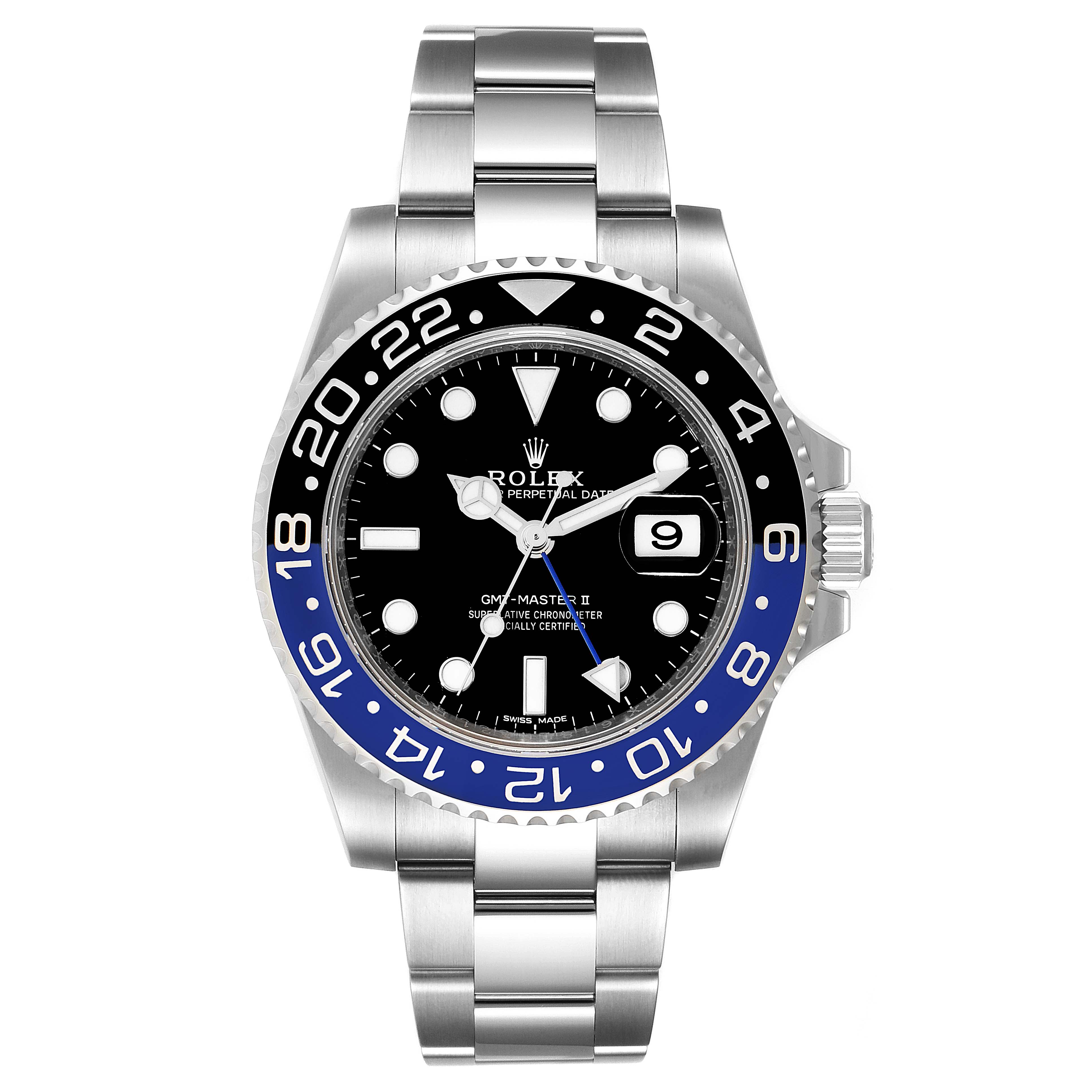 The image shows a Rolex GMT-Master 116710 Men
s Stainless Steel Black Dial 116710 Men
s Stainless Steel Black Dial II watch from a front angle, highlighting the dial, bezel, and bracelet.