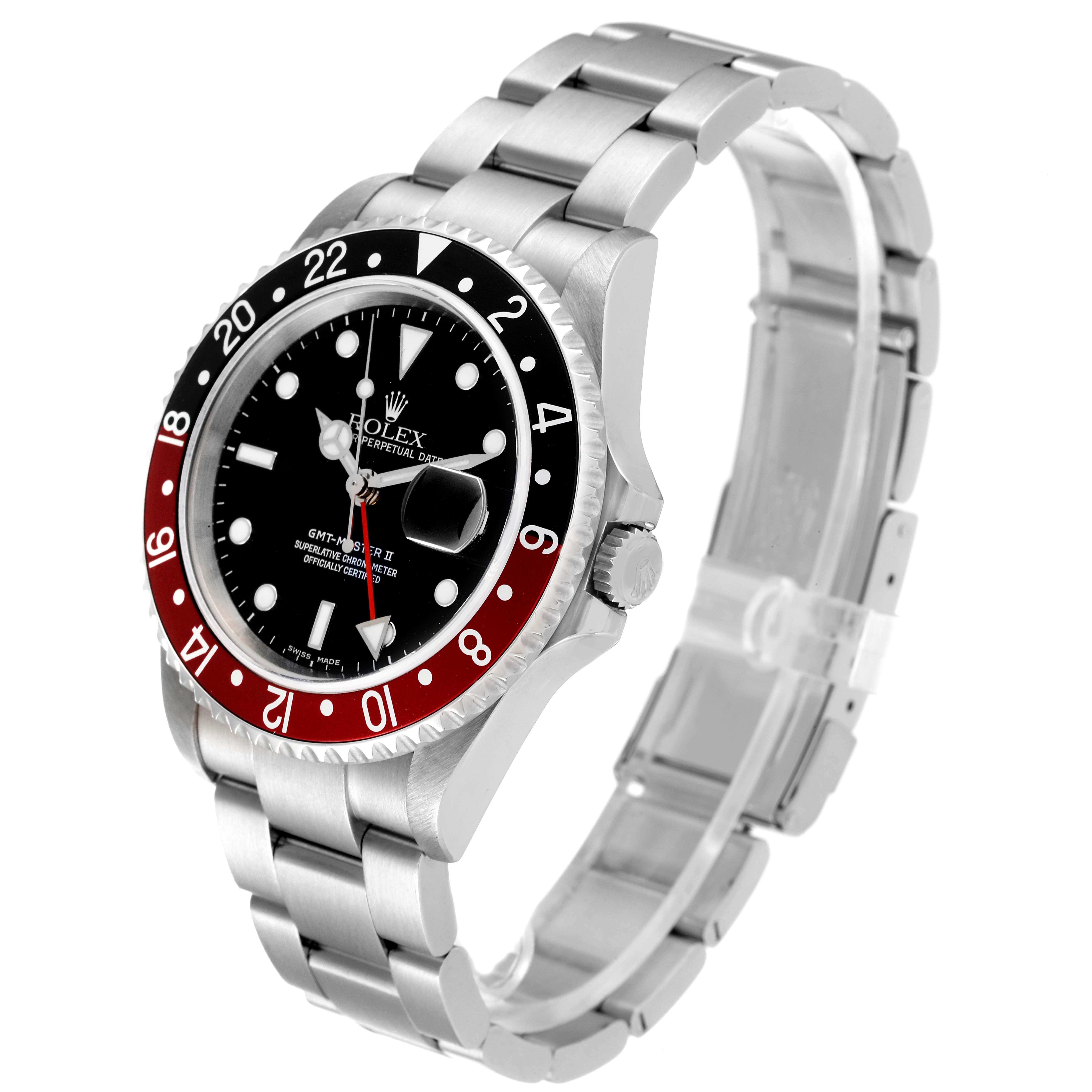 The Rolex GMT-Master 16710 Men
s Stainless Steel Black Dial 16710 Men
s Stainless Steel Black Dial watch is shown at a three-quarter angle, highlighting the dial, bezel, and bracelet.