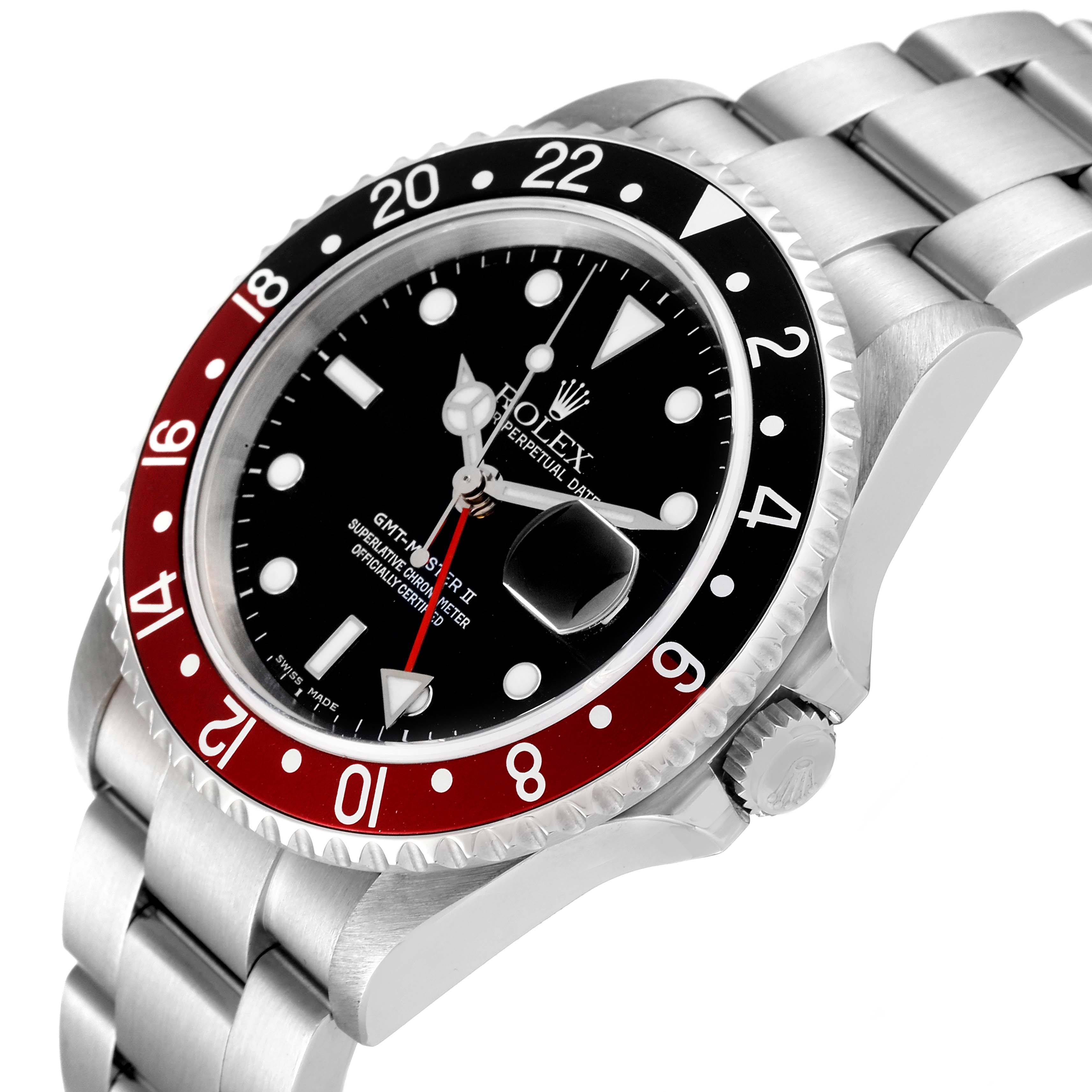 This image shows a three-quarter angle view of the Rolex GMT-Master 16710 Men
s Stainless Steel Black Dial 16710 Men
s Stainless Steel Black Dial watch, highlighting its bezel, dial, crown, and bracelet.