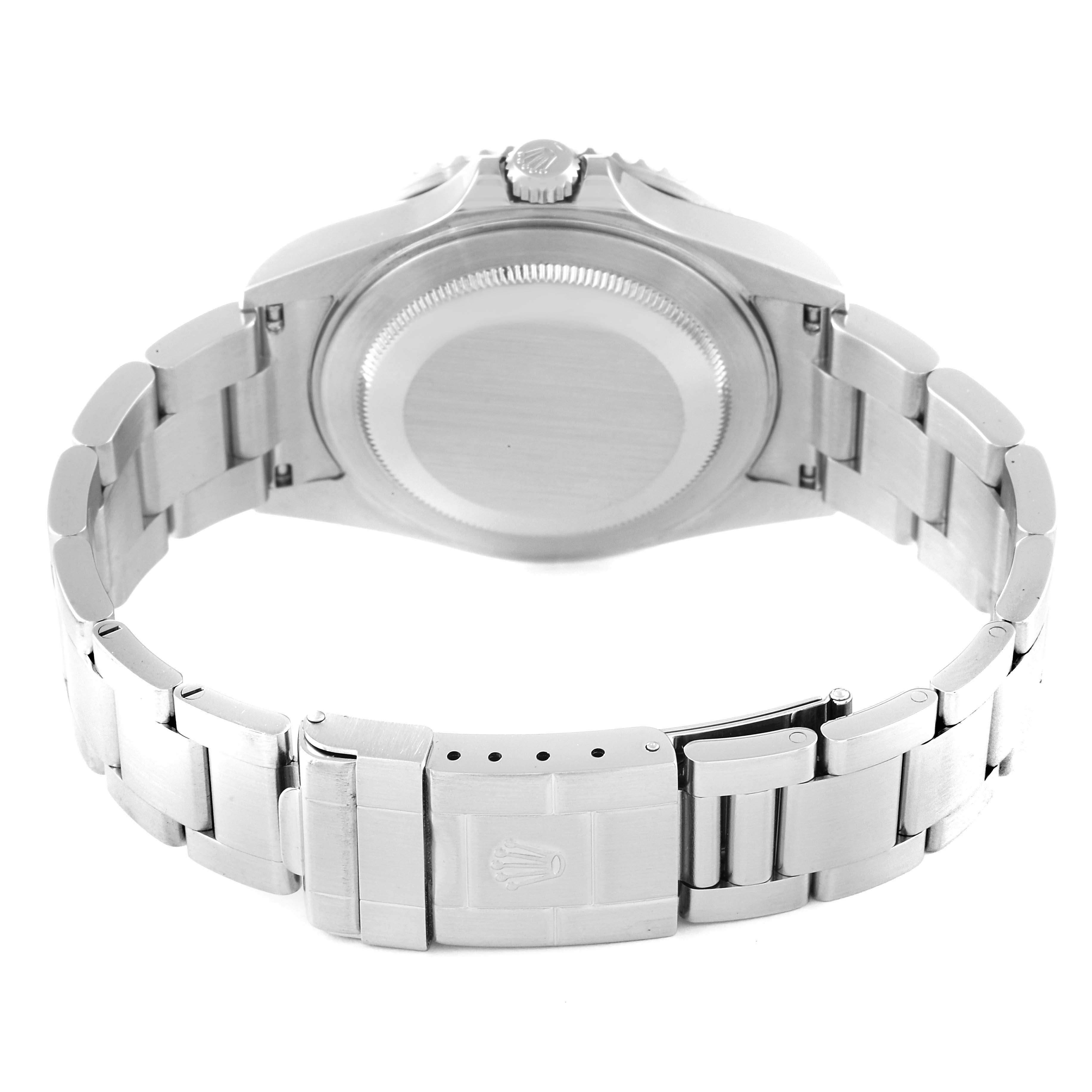 The image shows the back case and bracelet clasp of a Rolex GMT-Master 16710 Men
s Stainless Steel Black Dial 16710 Men
s Stainless Steel Black Dial watch from a rear view angle.