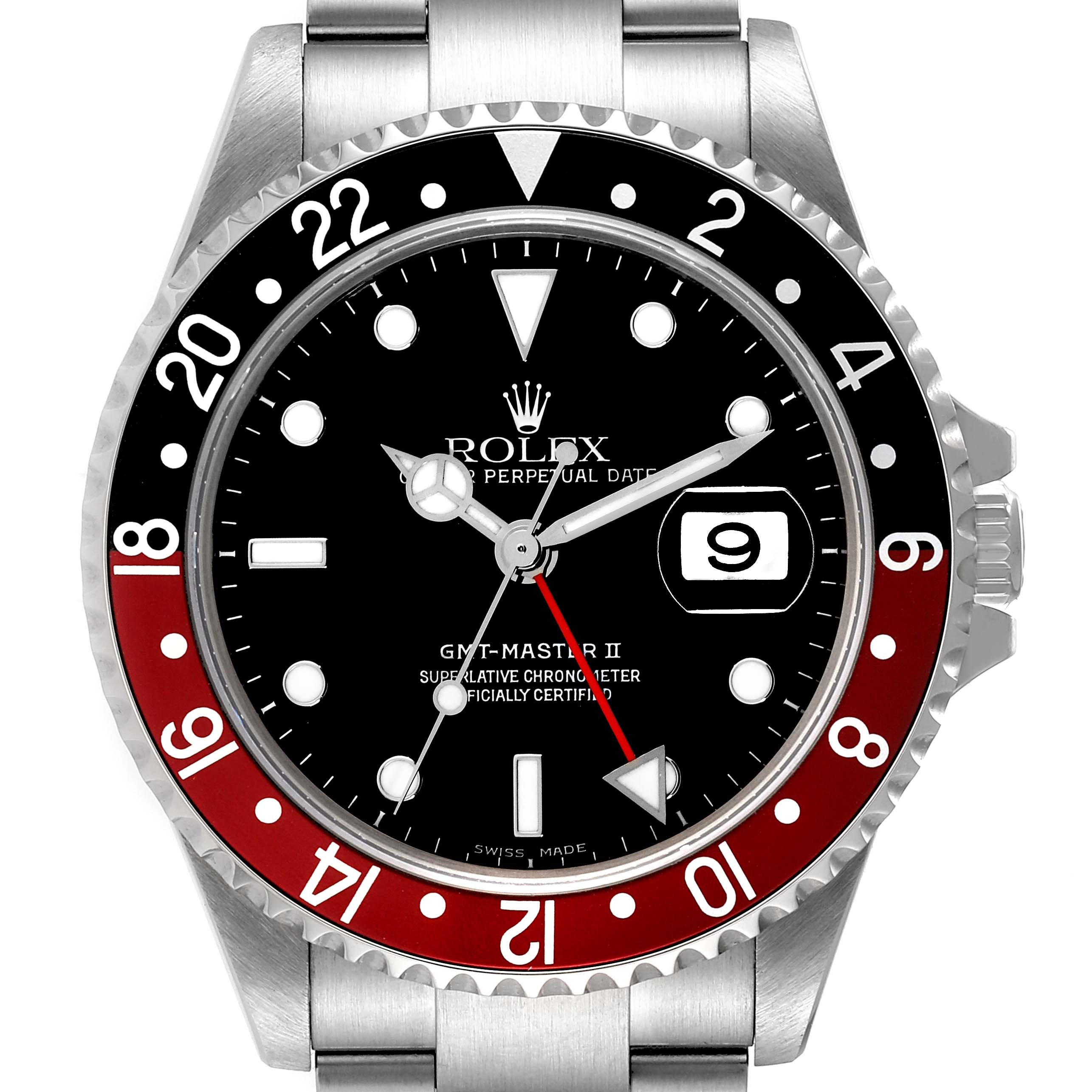 The image shows a front view of the Rolex GMT-Master 16710 Men
s Stainless Steel Black Dial 16710 Men
s Stainless Steel Black Dial II watch, highlighting its black and red bezel, dial, and stainless steel bracelet.