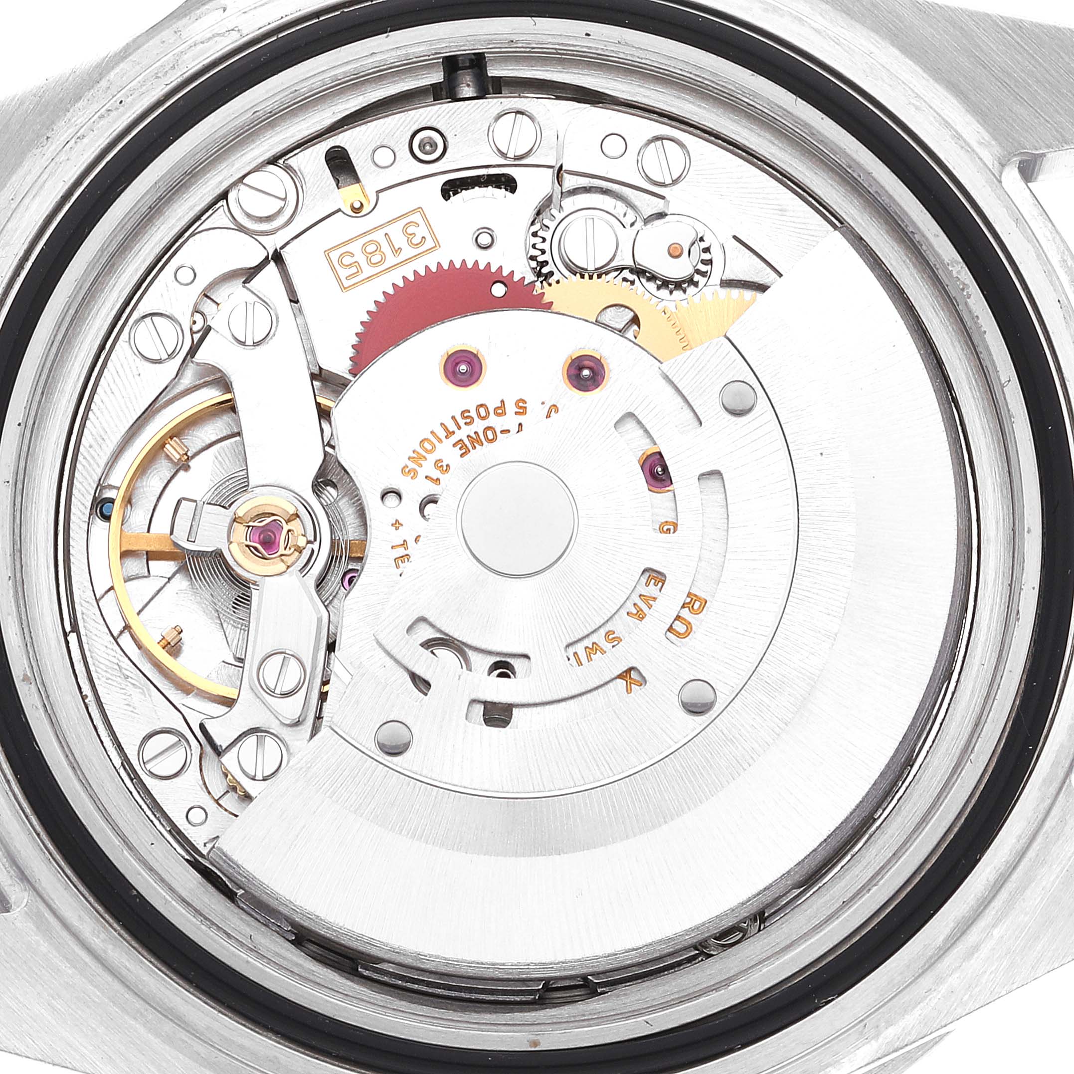 The image shows the movement of a Rolex GMT-Master 16710 Men
s Stainless Steel Black Dial 16710 Men
s Stainless Steel Black Dial watch, displaying the intricate internal components from a top-down angle.
