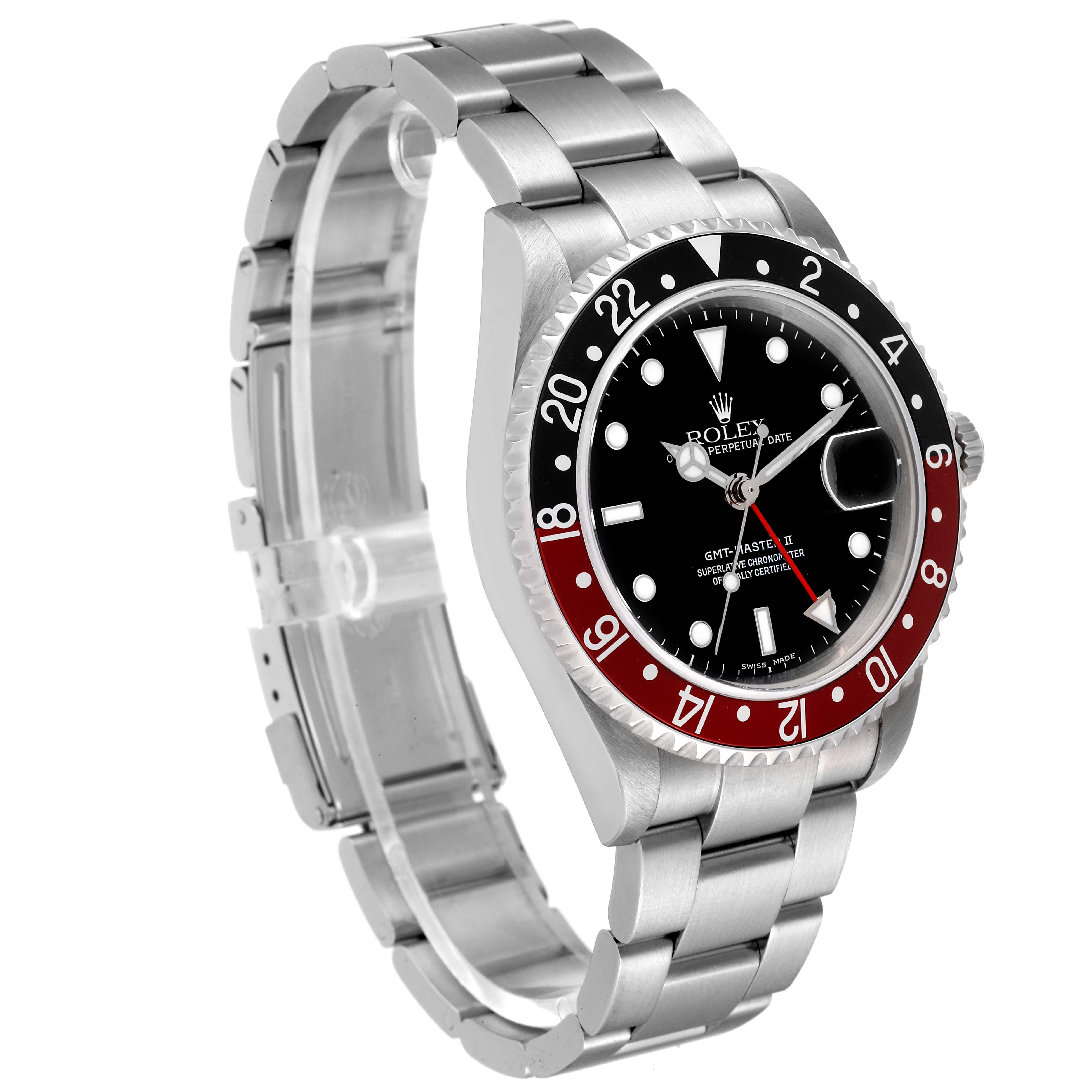 This image shows a Rolex GMT-Master 16710 Men
s Stainless Steel Black Dial 16710 Men
s Stainless Steel Black Dial watch at a partial side angle, highlighting its bezel, face, and metal bracelet.