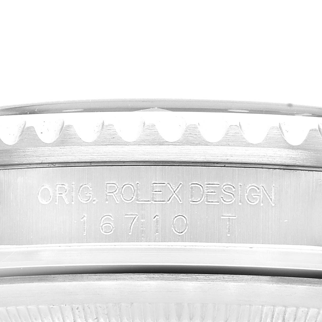 This image shows a close-up of the case side of a Rolex GMT-Master 16710 Men
s Stainless Steel Black Dial 16710 Men
s Stainless Steel Black Dial watch, highlighting the engraved model number.