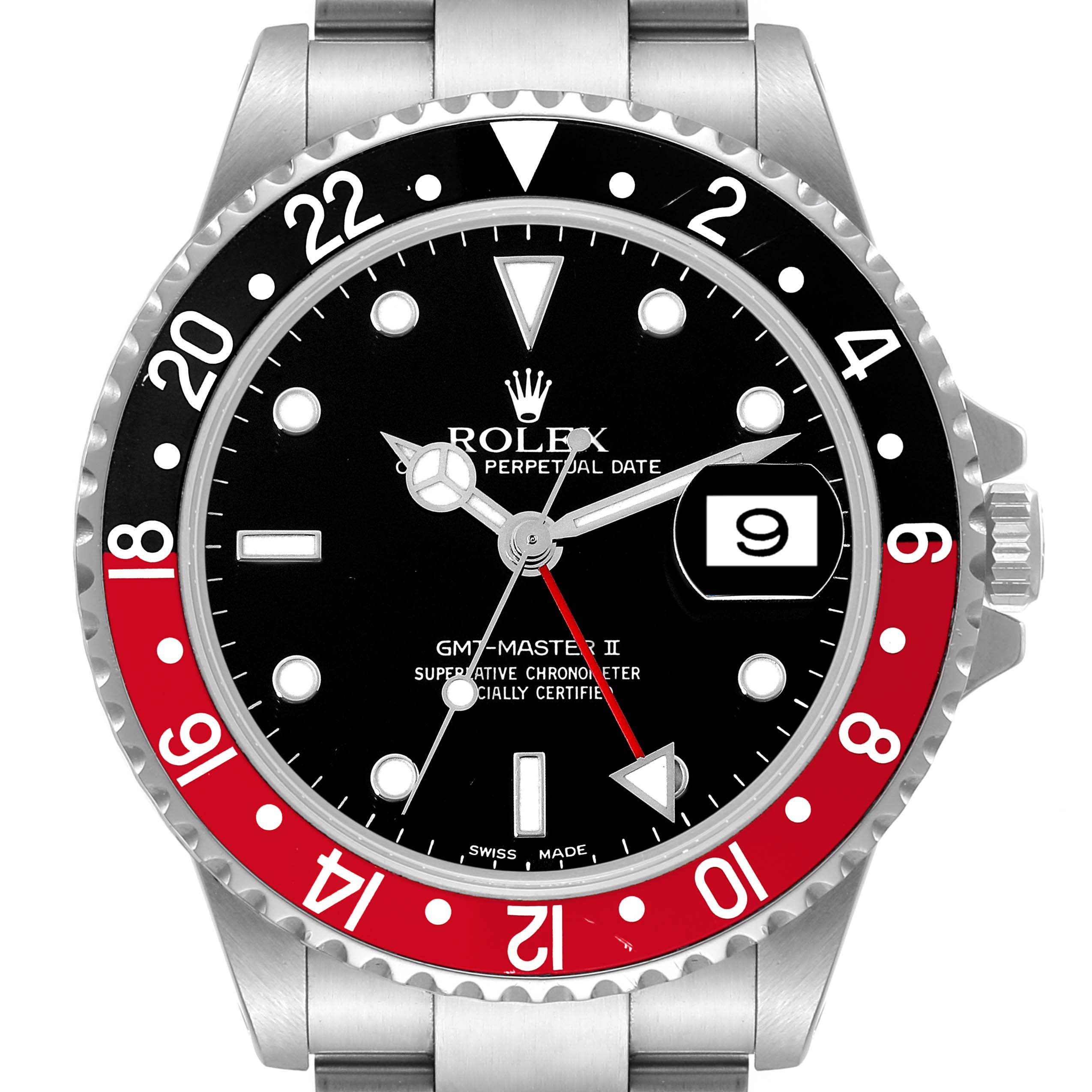 The image shows a Rolex GMT-Master 16710 Men
s Stainless Steel Black Dial 16710 Men
s Stainless Steel Black Dial II watch from a front angle, highlighting the bezel, dial, hour markers, hands, and date window.