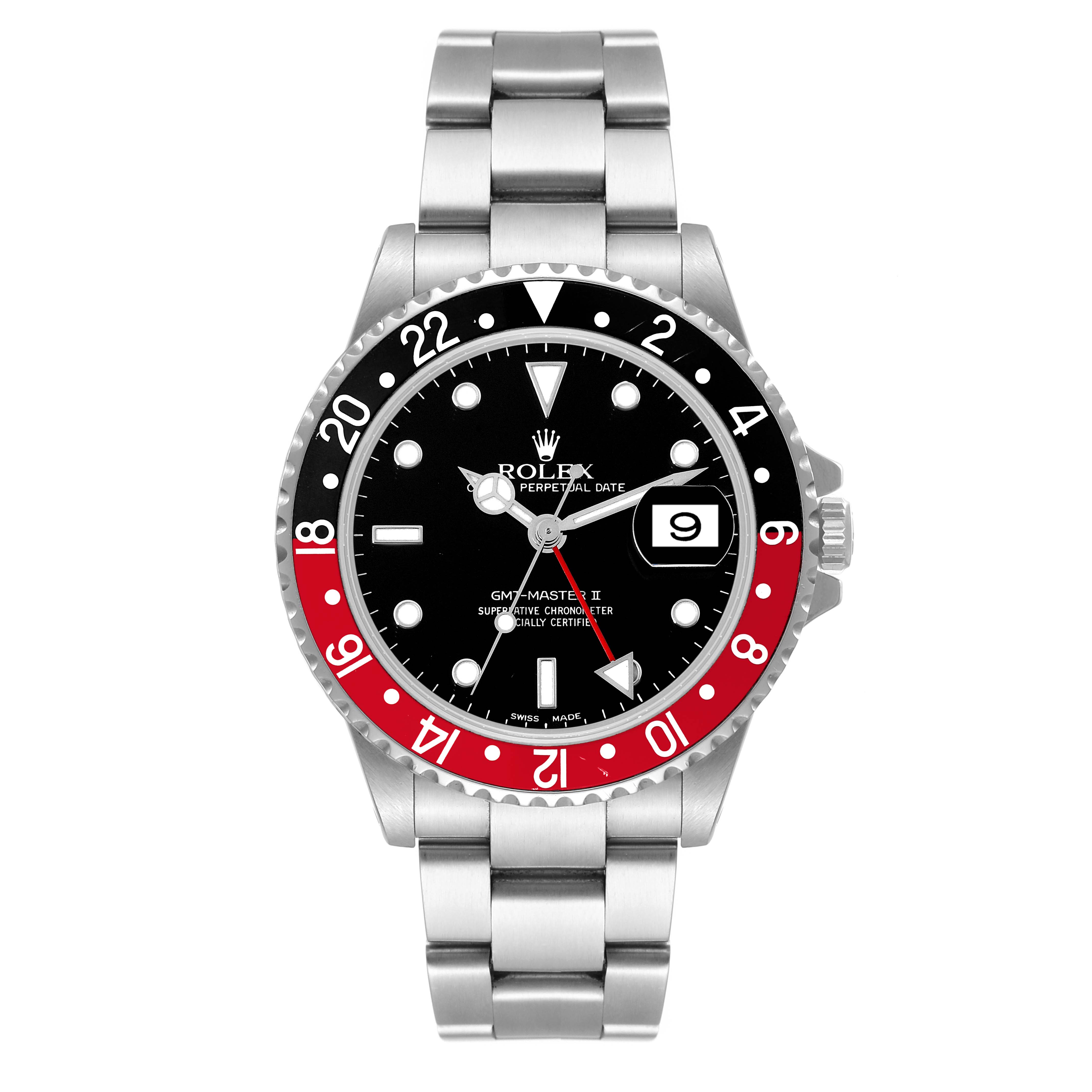 This image shows a front view of a Rolex GMT-Master 16710 Men
s Stainless Steel Black Dial 16710 Men
s Stainless Steel Black Dial II watch, featuring the bezel, dial, date window, hands, and bracelet.