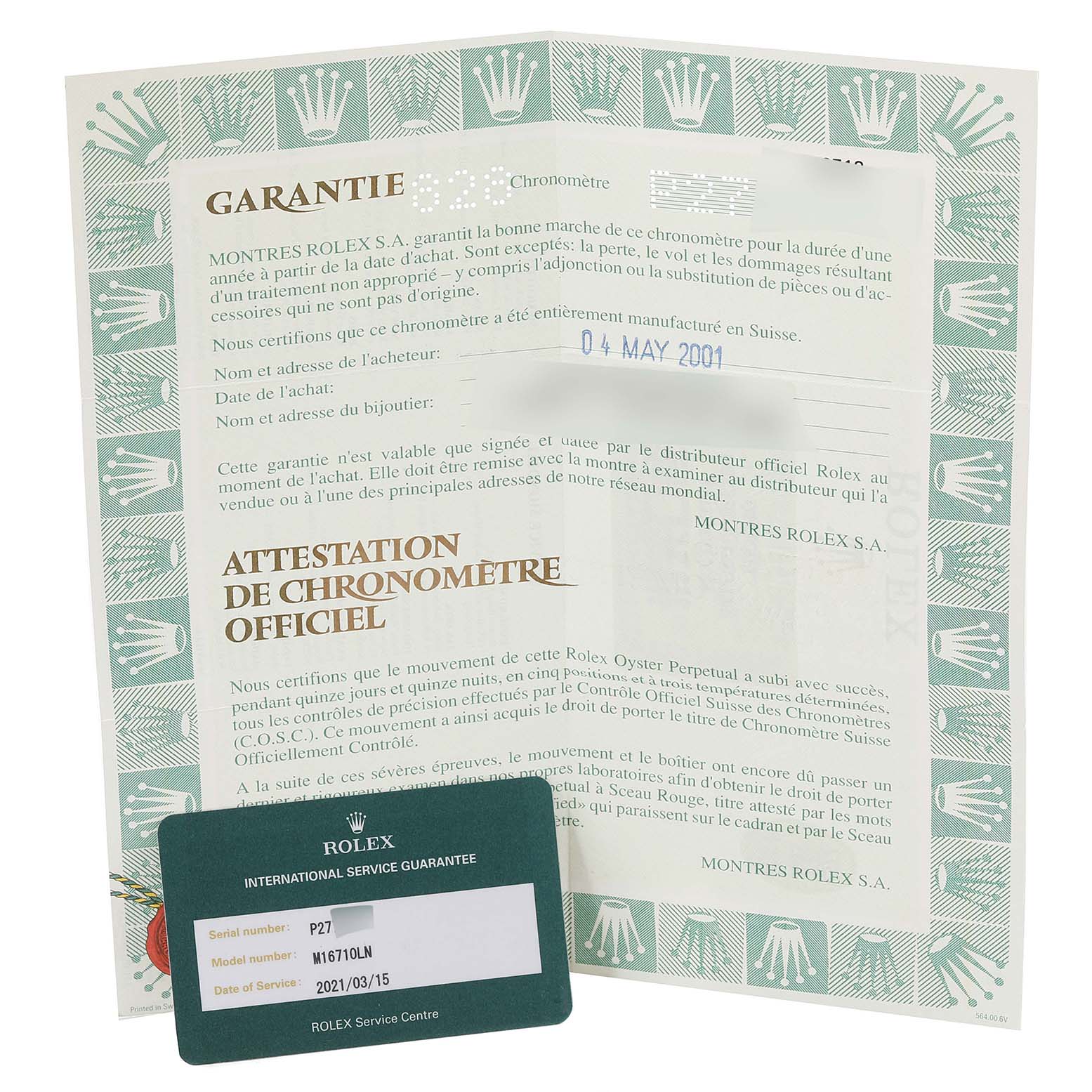 The image shows the international service guarantee card and warranty papers for a Rolex GMT-Master 16710 Men
s Stainless Steel Black Dial 16710 Men
s Stainless Steel Black Dial watch.