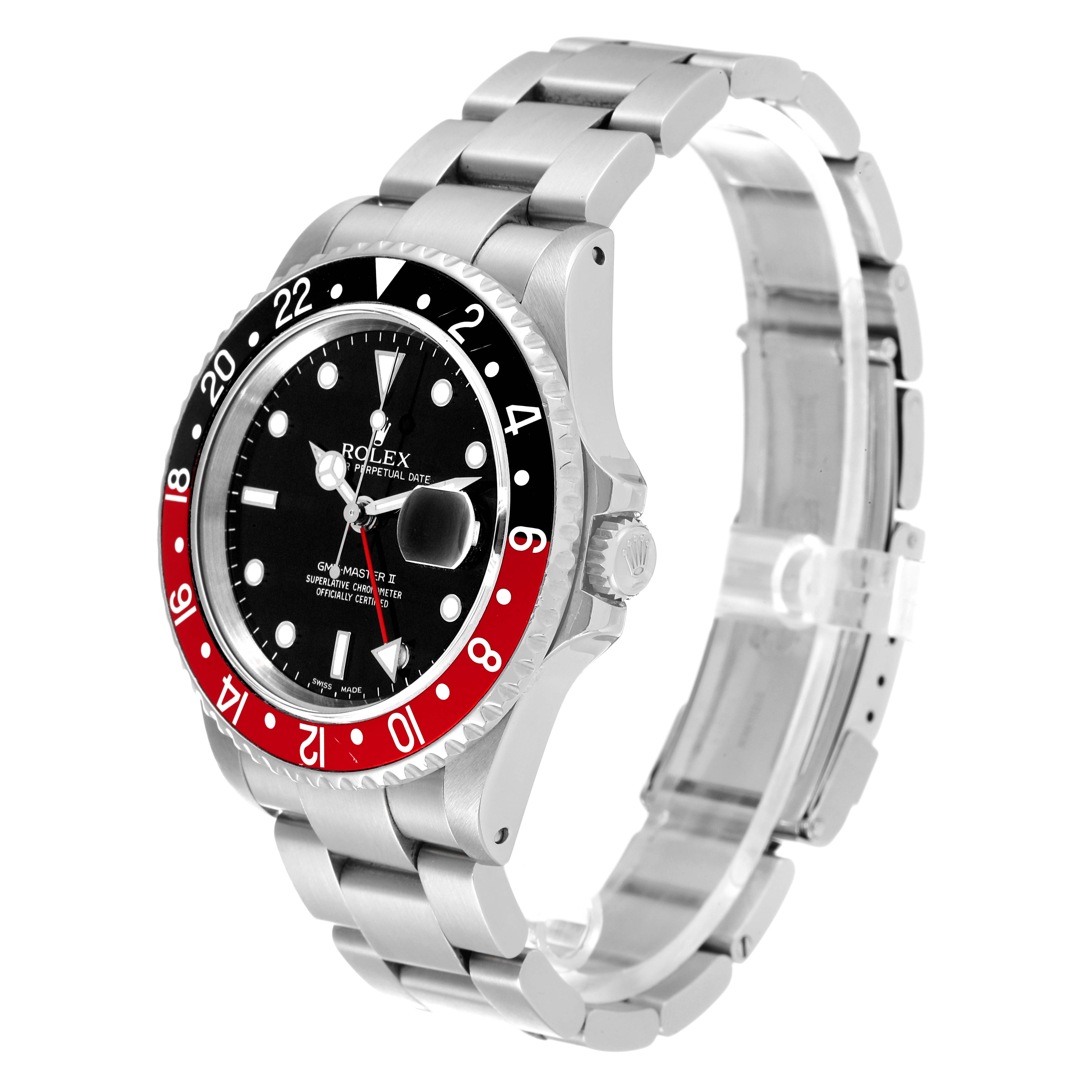 The Rolex GMT-Master 16710 Men
s Stainless Steel Black Dial 16710 Men
s Stainless Steel Black Dial watch is shown at an angled side view, highlighting its bezel, dial, and bracelet.