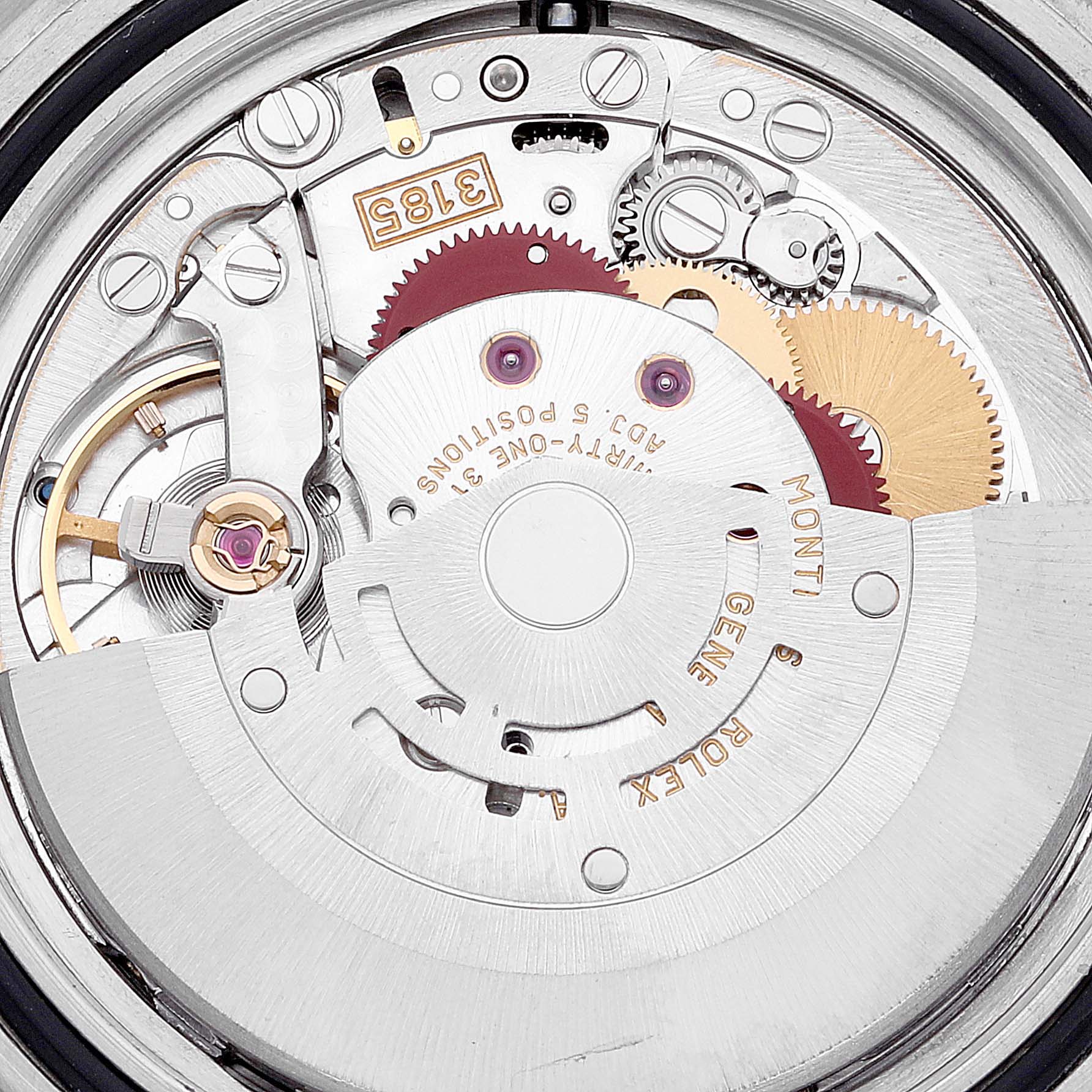 This image shows the internal mechanical movement of a Rolex GMT-Master 16710 Men
s Stainless Steel Black Dial 16710 Men
s Stainless Steel Black Dial, highlighting gears and intricate components from a top-down angle.