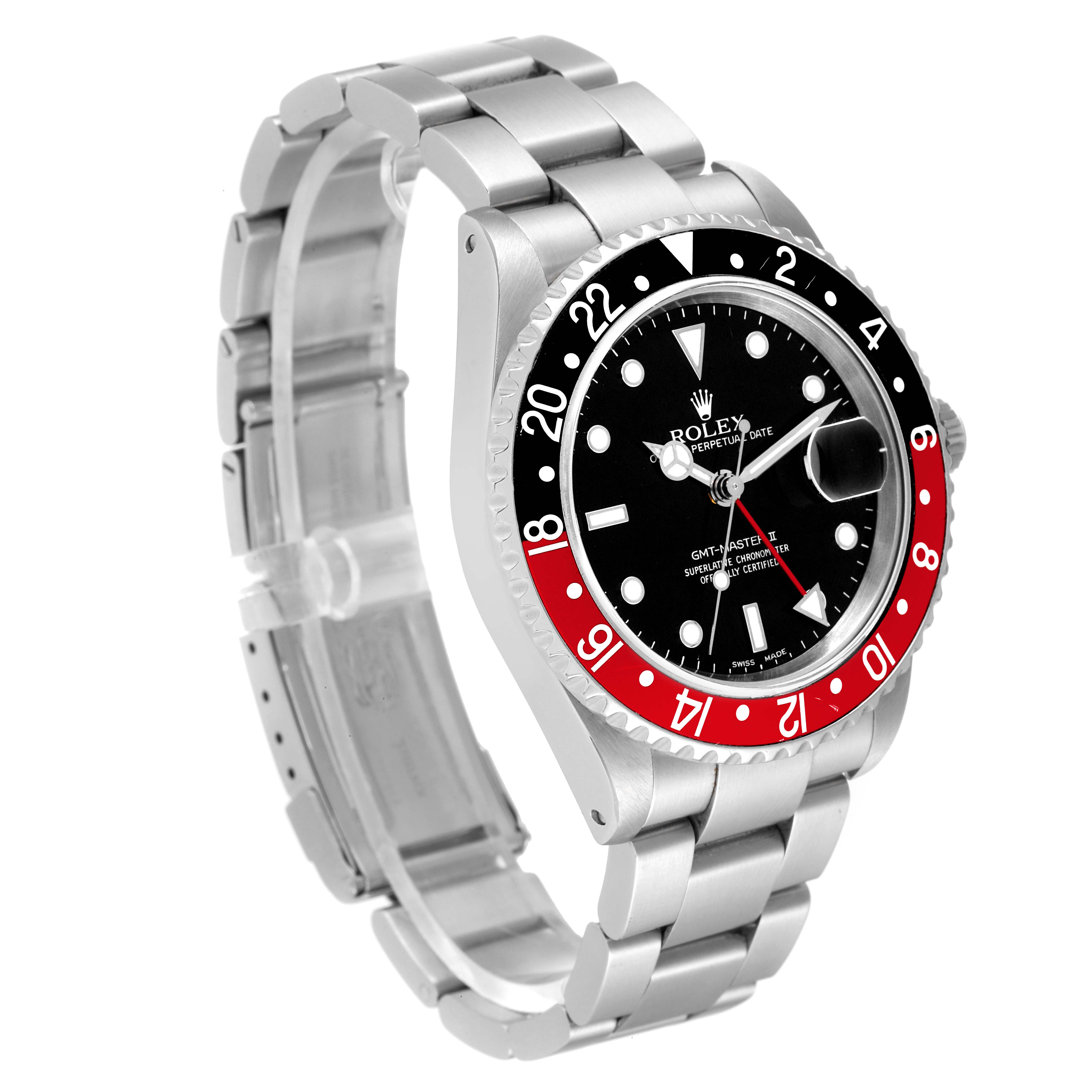 The image shows a Rolex GMT-Master 16710 Men
s Stainless Steel Black Dial 16710 Men
s Stainless Steel Black Dial watch from a three-quarter front angle, highlighting the bezel, dial, bracelet, and crown.